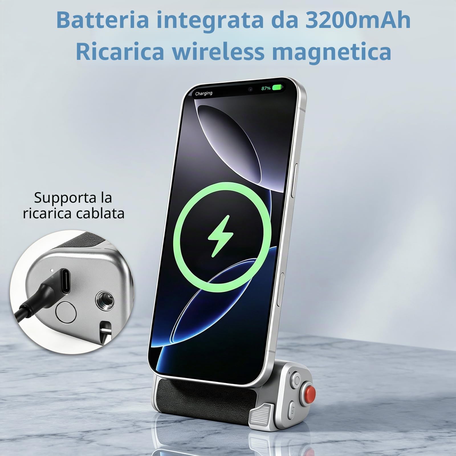 Impugnatura Master Grip per iPhone e Android, impugnatura magnetica per foto con batteria da 3200 mAh, ricarica wireless, kit professionale per scatti con smartphone per iPhone 17-12 e Android