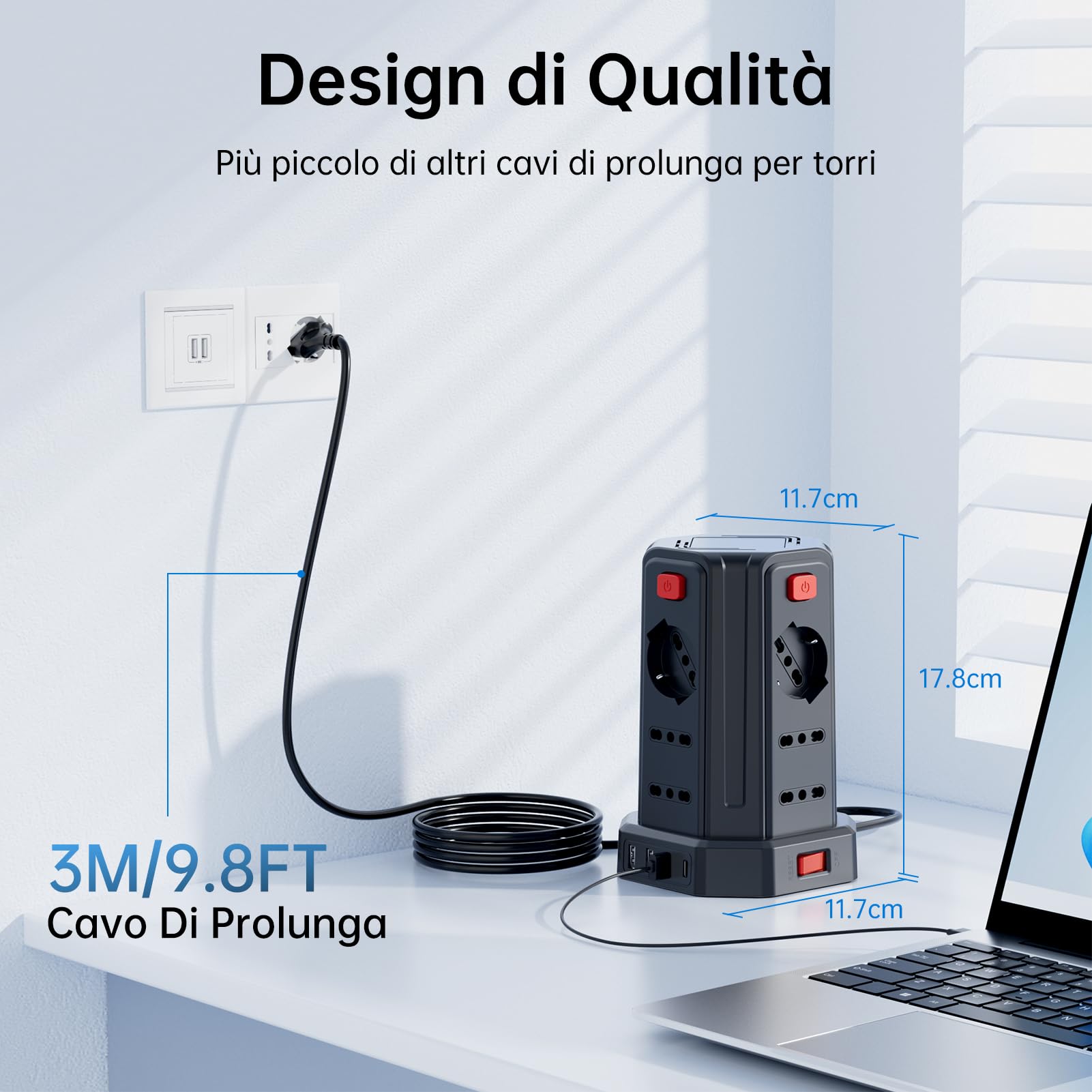Ciabatta Elettrica Multipresa 3 metro con 12 Prese Universali 10/16A(4000W) ITA e Schuko e 3 USB A+1 USB C protezione Sovratensione con 4 interruttori indipendenti, Nero