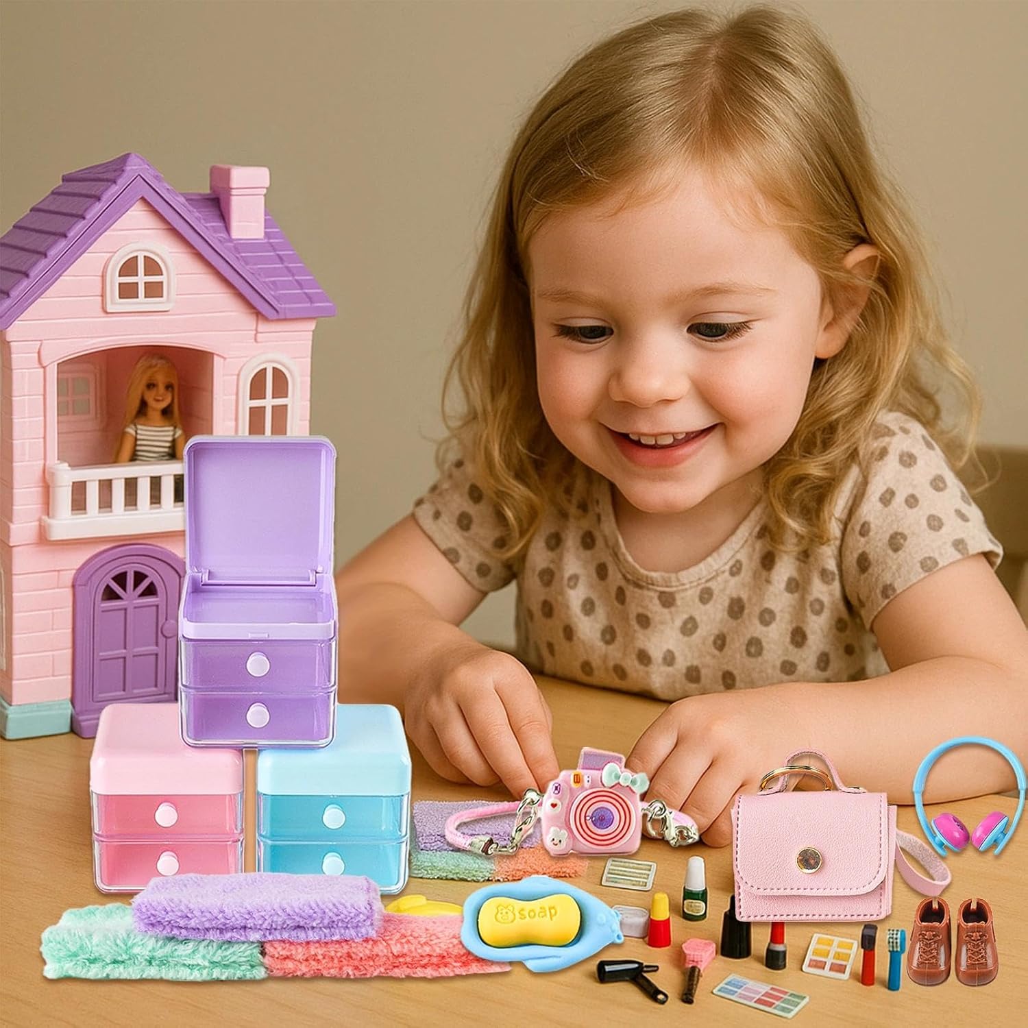 116Pcs Dollhouse Mini Accessories Set - Makeup Tools Bathroom Toiletries Handbag for DIY Micro Scene Decoration Simulation Shampoo Hair Dryer Cosmetic Brush for Bedroom Girl Novelty Toy Jewelry Box