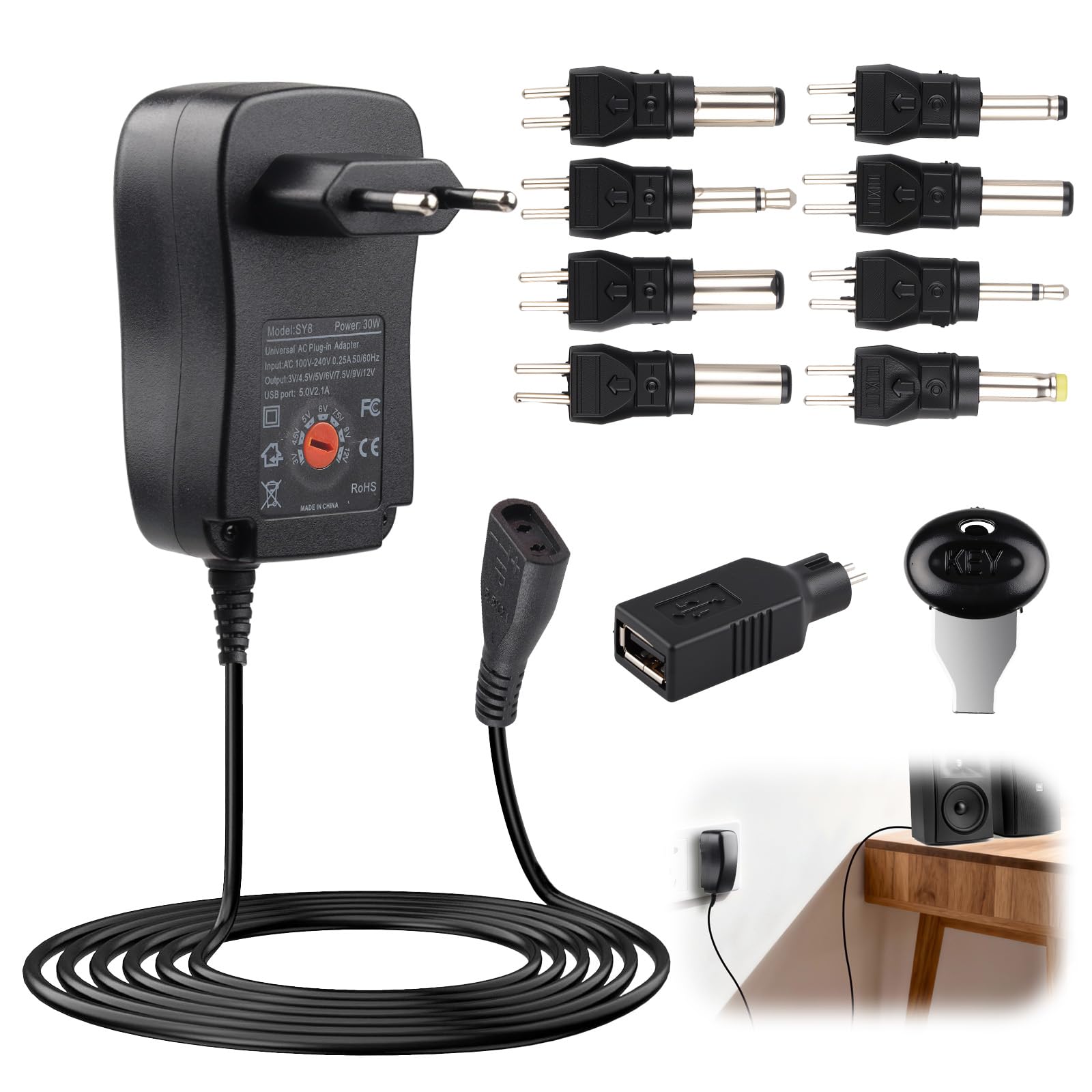 Adattatore AC da 30 W, 2 A, trasformatore con 9 inserti selezionabili per 3 V, 4,5 V, 5 V, 6 V, 7,5 V, 9 V, 12 V