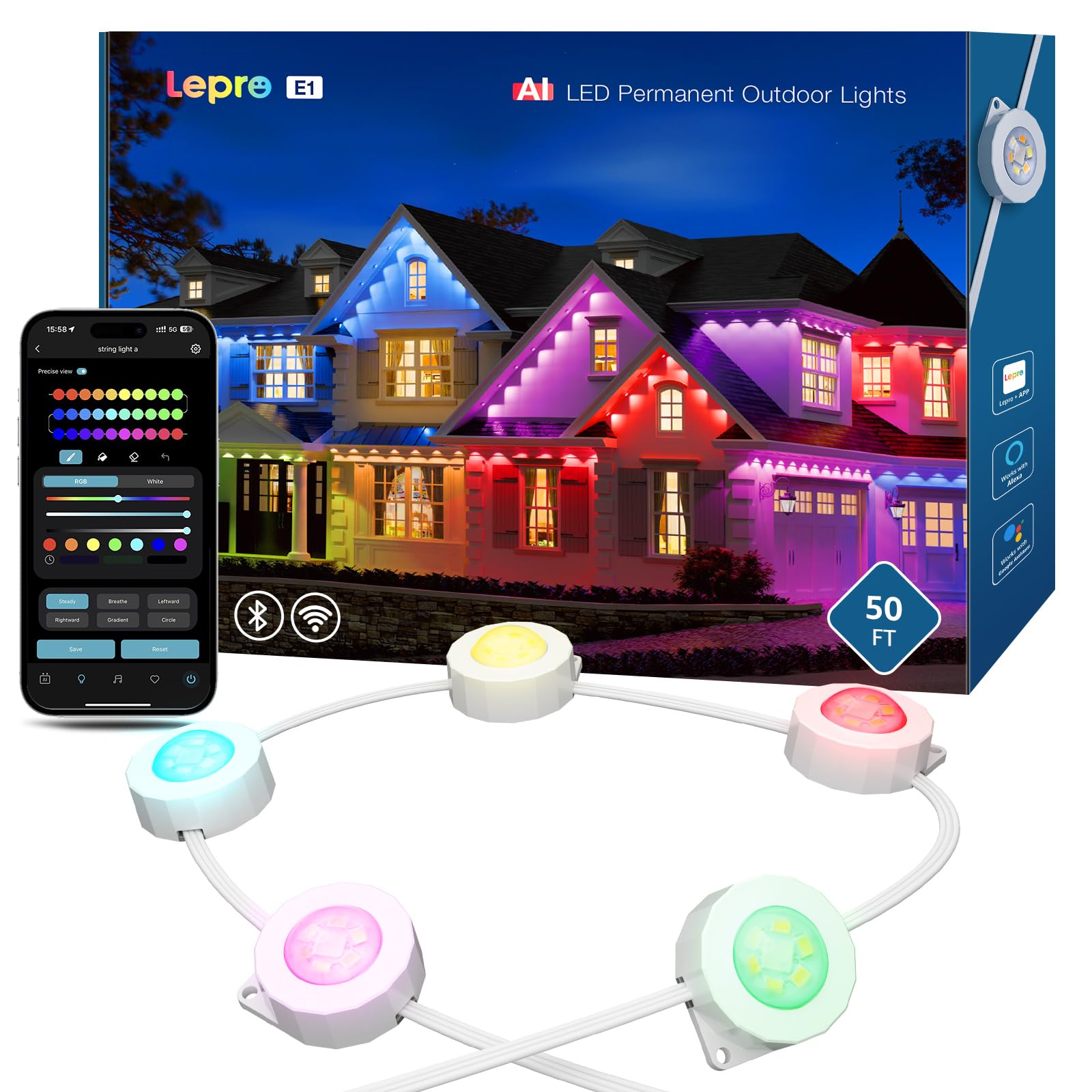 Lepro White E1 Ai Permanent Outdoor Lights 15M, Smart Rgb+Ic Eave Lighting With Tunable Ip65 Waterproof Soffit Led Wall Wash, Works With Alexa, Personalised Ai Lighting Designer For Garden & House