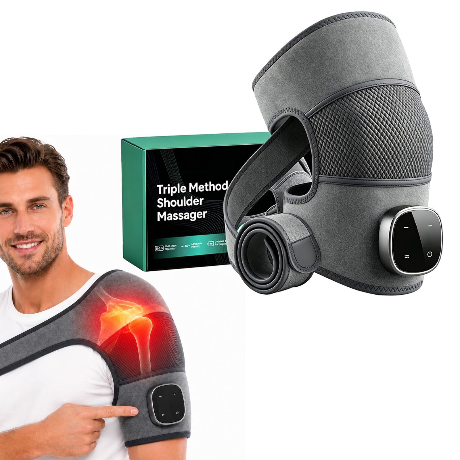 Relevo Massaggiatore per le spalle, 3 in 1, senza fili, riscaldato con calore e vibrazione, batteria da 5000 mAh e indicatore LED, dispositivo di massaggio per le spalle per uomo/donna, per spalla