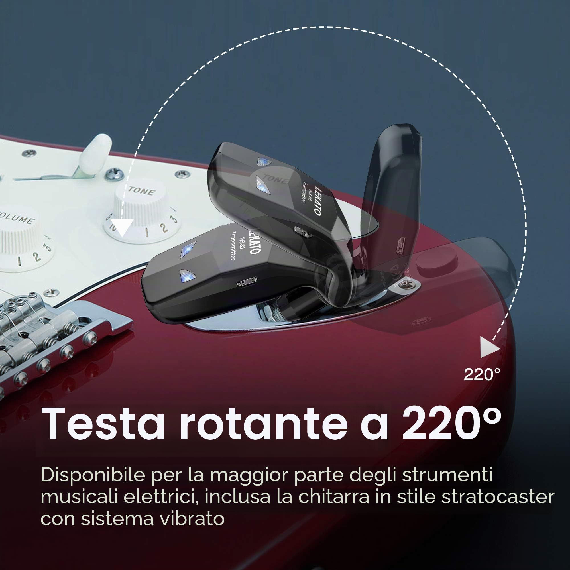 LEKATO Ricevitore Trasmettitore Wireless per Chitarra 2.4GHz Cavo per Chitarra Runtime 8H Dispositivo Wireless Ricaricabile per Basso Digitale per Basso(WS80)