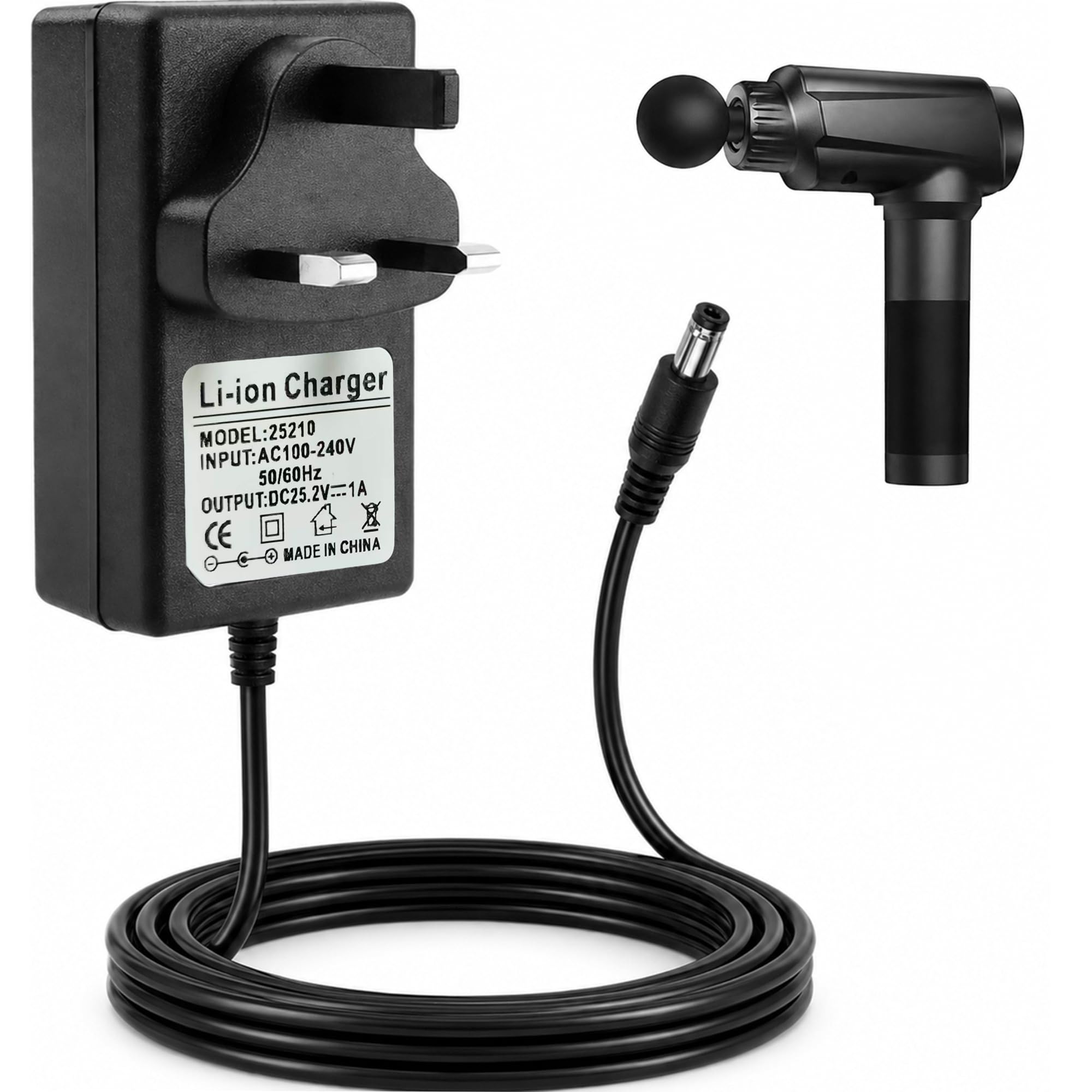 Universal Massage Gun Charger Adapter Replacement, 25.2V 1A Power Supply Cable with LED Indicator, Wide Voltage Compatibility, Safe and Reliable Electric Massager Charging Cord for Home, Gym, and Trav