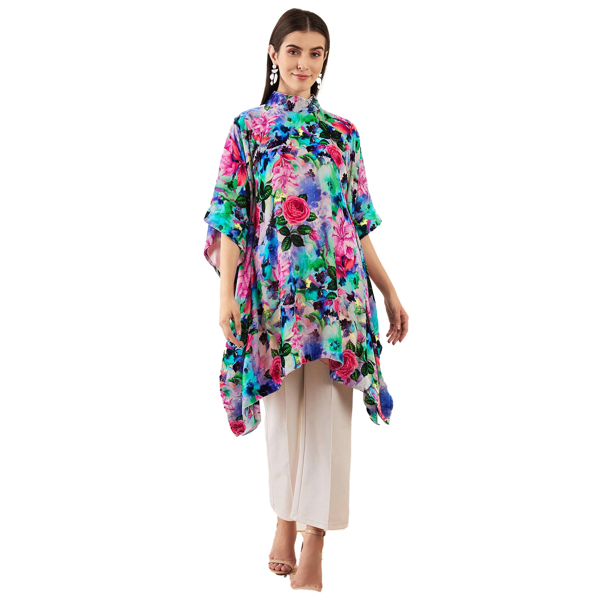 Multicoloured Crystal Studded Floral Silk Velvet Tunic-image-46