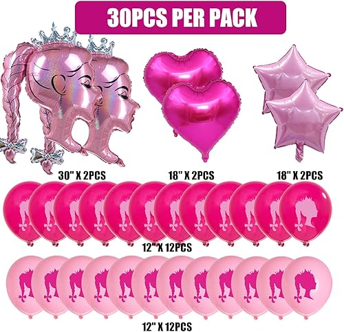 Miniatura 2 de 30 globos de papel de aluminio de princesa rosa intenso, globos de estrella de corazón rosa, cabeza de niña, kit de globos de látex para