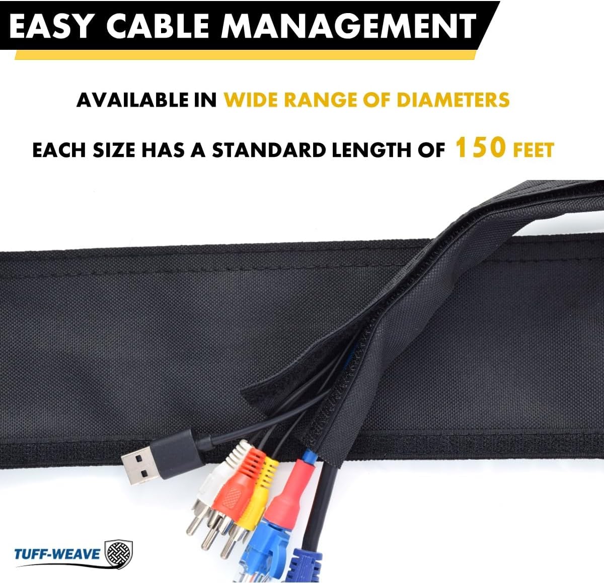 Kable Kontrol 1-1/2" Inch - 150' Feet Tuff Weave Wrap Heavy Duty Nylon Woven Sleeving Flexible Side Entry Hose Industrial Protective Sleeve for Pipes, Wires, Cables, and Cords – Black