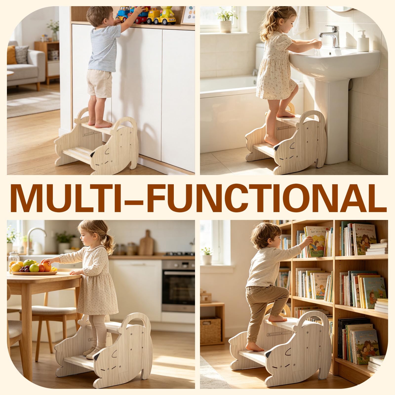 Tritthocker Holz Kinder 2-stufiger, Kinderhocker aus Massivholz für Kinder & Erwachsene – Höhenverstellbar, rutschfest mit Griff, bis 100 kg Belastbar, Fußbank Holz für Bad, Küche, Kinderzimmer