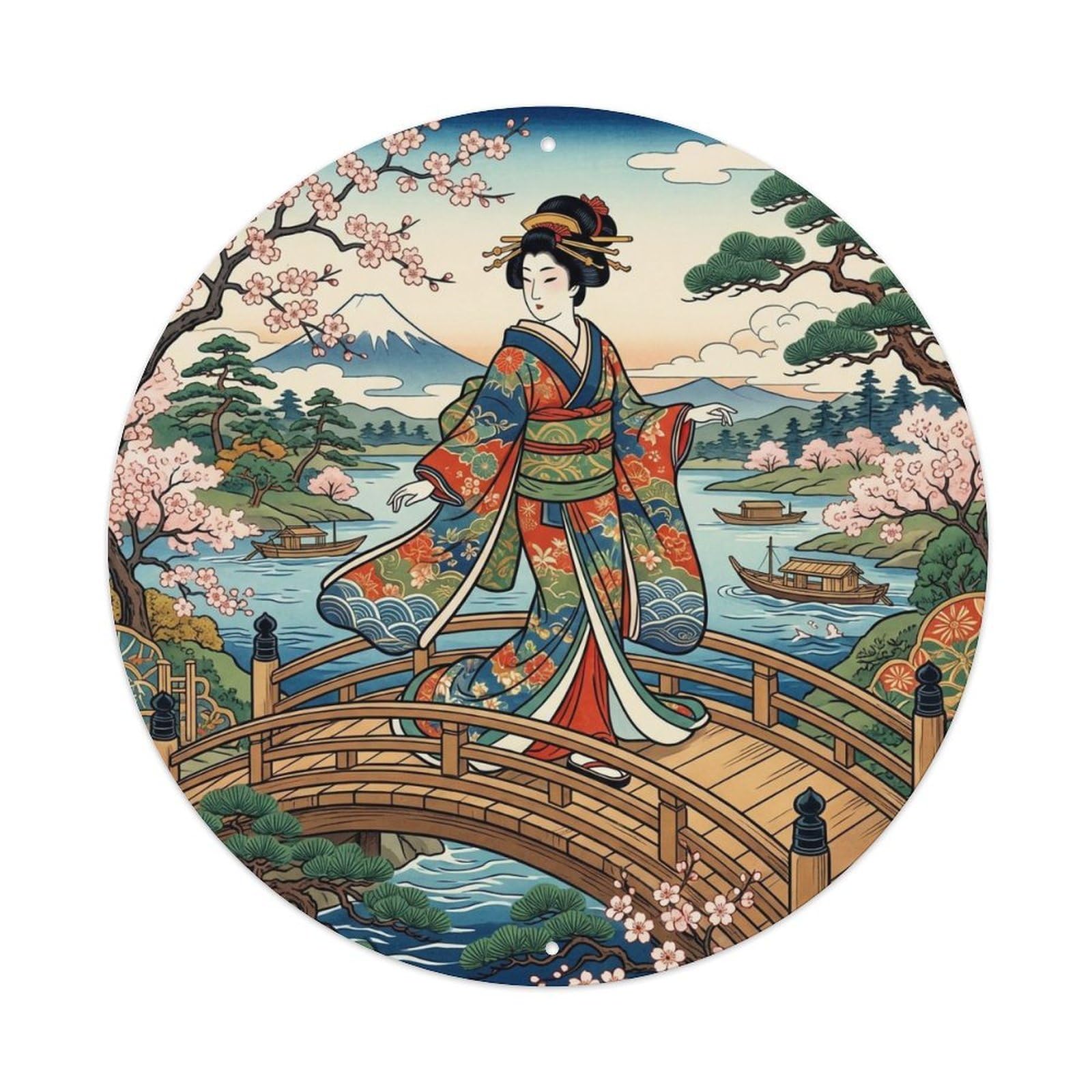 Japanese Geisha Crossing Bridge Walking Graceful Metal Tin Sign