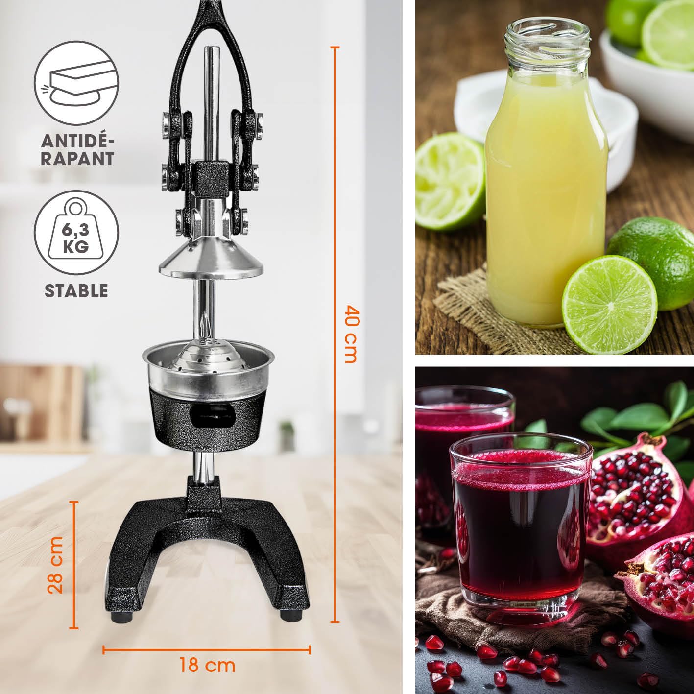 Lumaland Entsafter Zitronenpresse manuell leise Gusseisen Handpresse Zitrusfrüchte Orangenpresse Slow Juicer schwarz