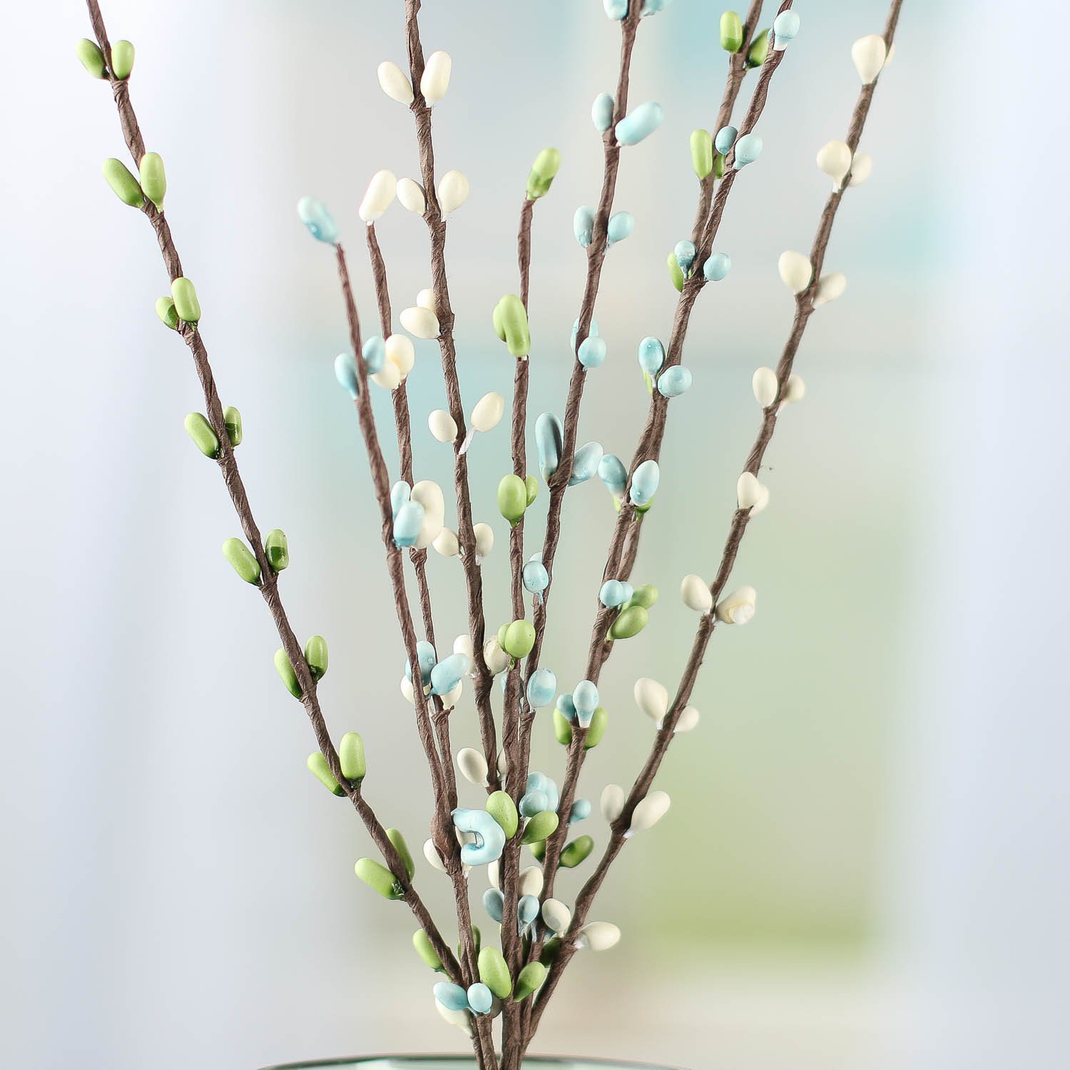 Factory Direct Craft Blue, Green & Cream Stems-(12 Pieces) These 12 Inch Long Pip Berry Sprays in Soft Blue, Green, and Cream are Great Costal Sea Breeze Colors. Use as Centerpieces or Accents