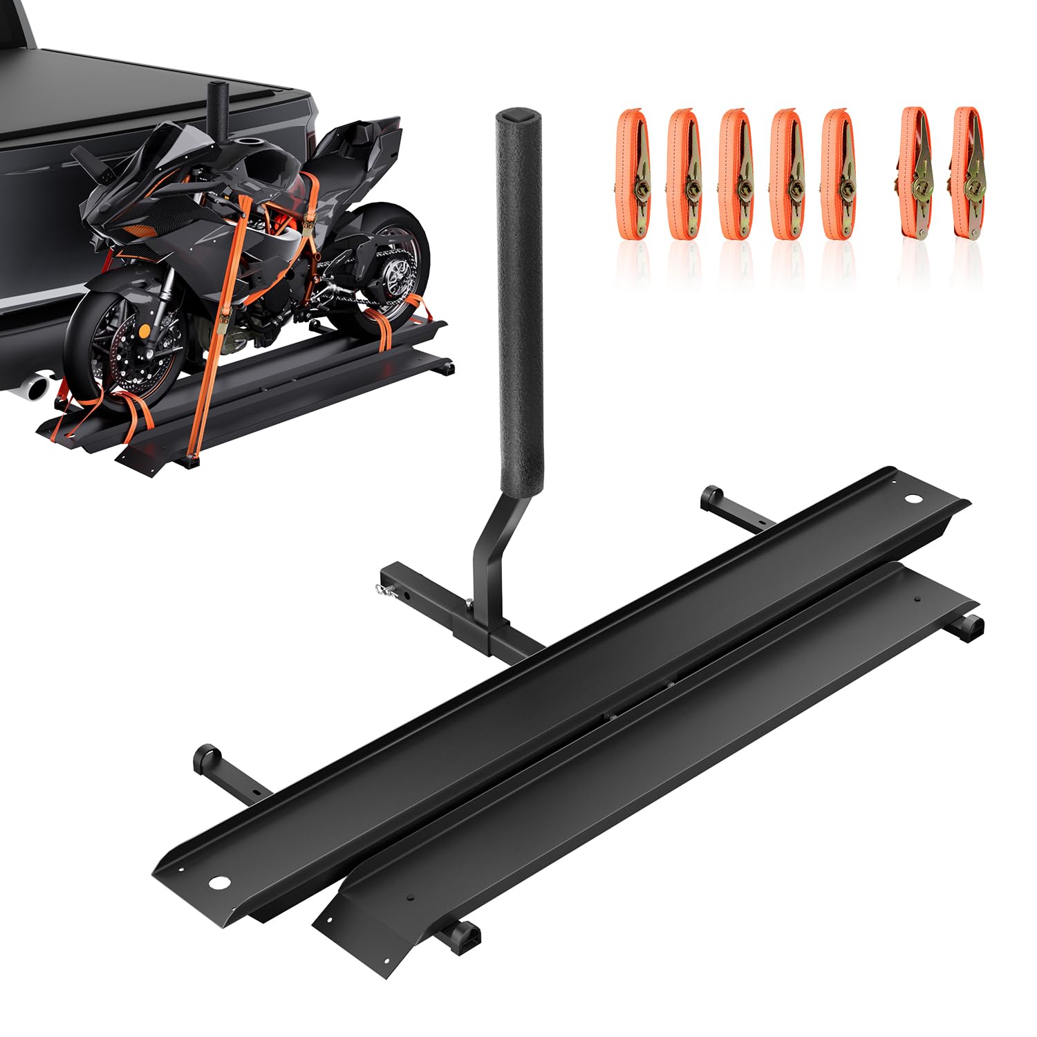 NIHAO Heavy-Duty Steel Motorcycle Hitch Carrier with Loading Ramp & 6 Ratchet Straps, Fits 2" Receiver, Supports Tires up to 7.4" Wide – Max Load 600 Lbs