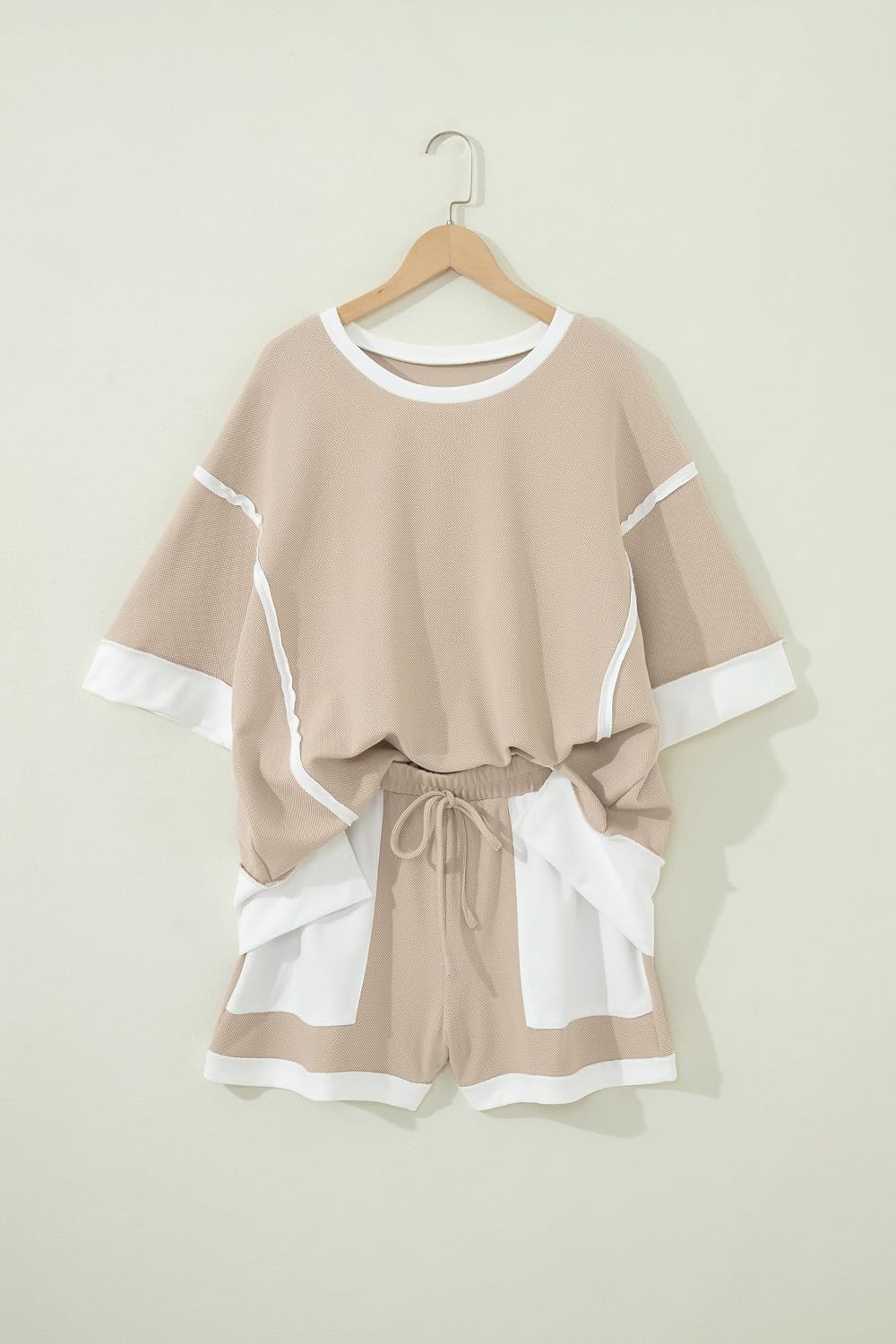 TinyCribz Women's Color Block 2-Piece Set – Oversized Tee and Drawstring Shorts, Casual Patchwork Lounge Outfit