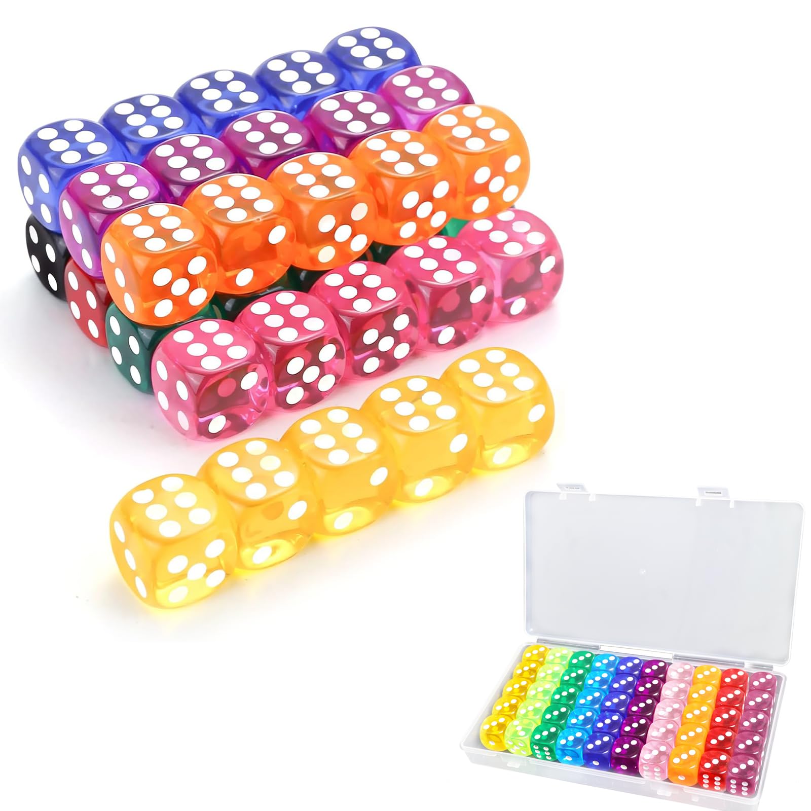 Set di 50 dadi a 6 lati, 10 colori, con scatola