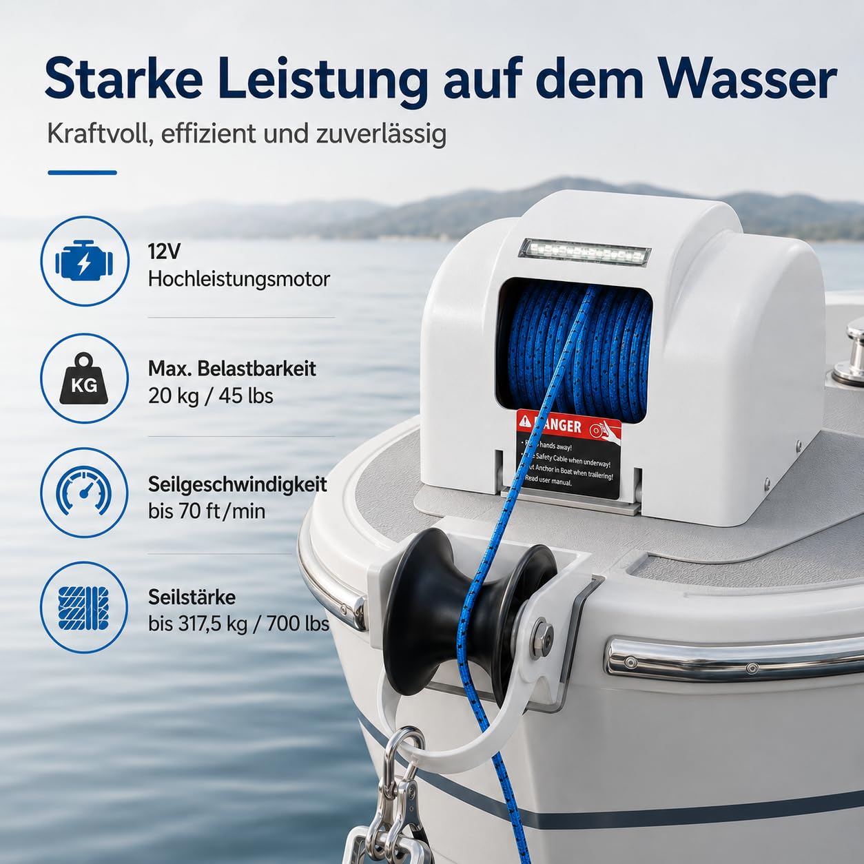 Anker Boot Elektrische Ankerwinde 12V mit Fernbedienung, Elektrische Seilwinde für Boote mit 30 m Nylonseil, Belastbarkeit bis 20 kg, Bootsanker Winde für Schnellboote Fischerboote Motorboote