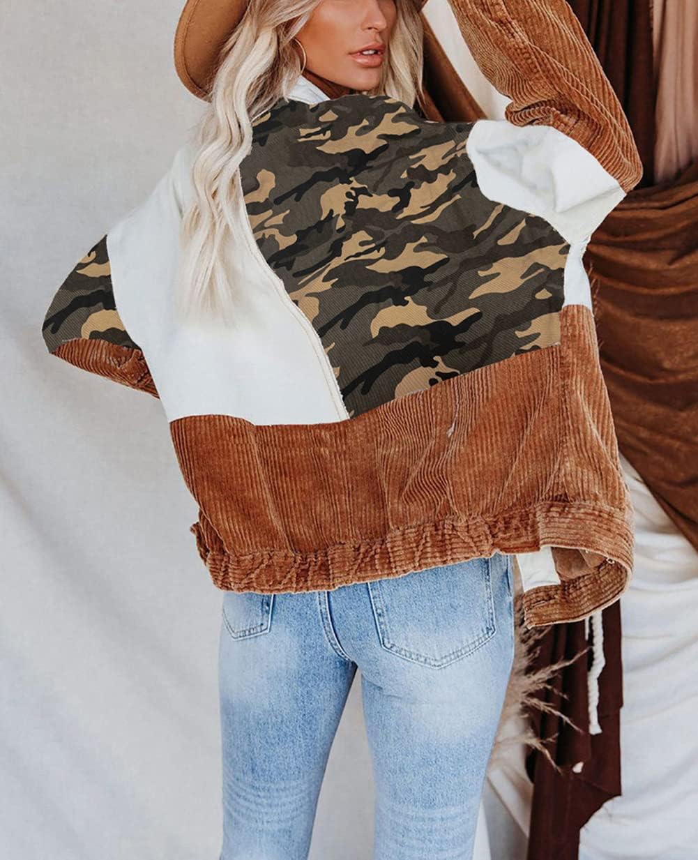 chouyatou Women's Contrast Camouflage Corduroy Loose Oversized Batwing Sleeve Ripped Casual Trucker Jacket