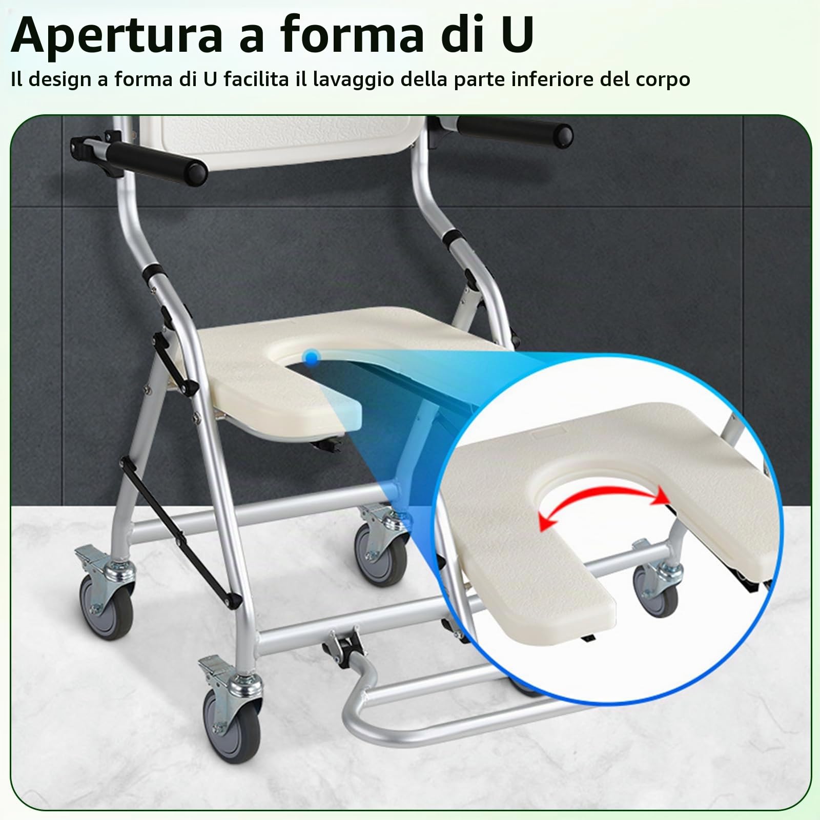 Sedia da Doccia con Ruote, Sedia per Doccia per Anziani e Disabili | Sedile da Sgabello Bagno Pieghevole con Ruote Universali, Quattro Ruote con Freni, Braccioli e Schienale, Carico 120 kg