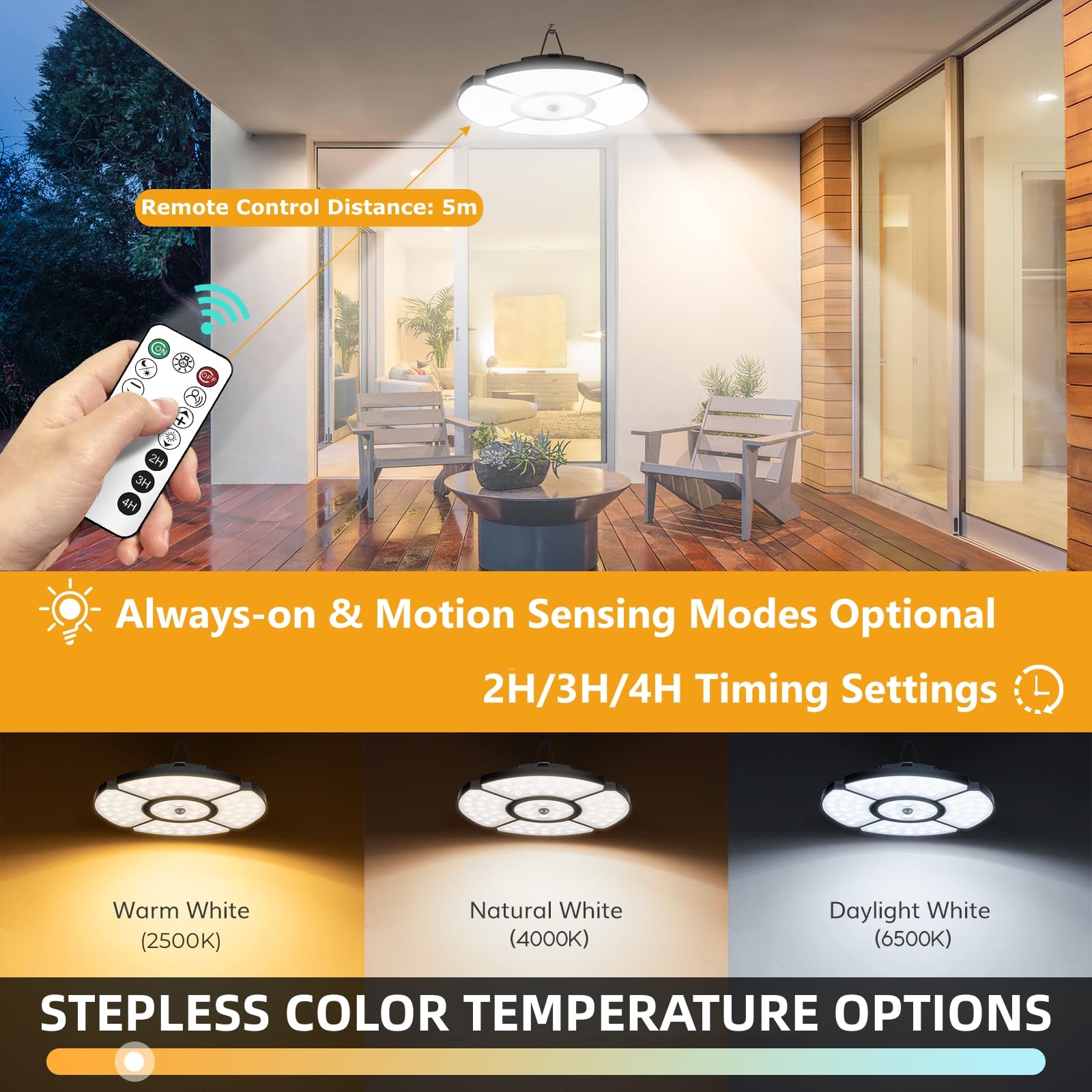 MEIKEE Luz Solar Colgante Exterior, 76 LEDs Lámpara Solar con Sensor de Movimiento, con Control Remote RF, IP65, Luz Regulable 2500-6500K, 6 Brillo, Temporizador, Función de Memoria, Cable 5 m