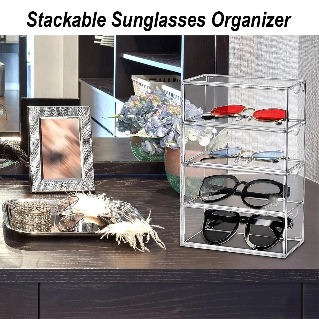 Almacenamiento de gafas de sol acrílicas - Organizador de gafas con 4 cajones para gafas múltiples, joyas, relojes - Almacenamiento de gafas de sol transparente, paquete de 2 Organizador de