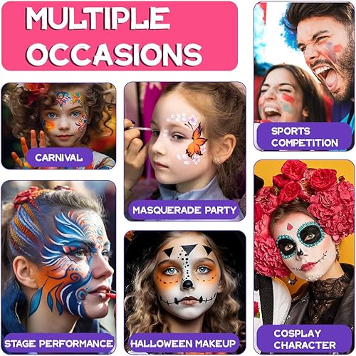 Vista 6 de OPHIR Pintura facial de 40 colores, pintura facial de pastel dividido de arcoíris, kit de pintura facial a base de agua con 2 pinceles de pintura