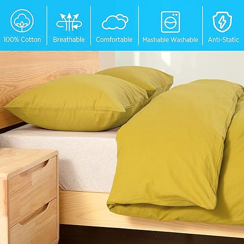 Miniatura 3 de ATsense - Juego de funda de edredón tamaño King, 100% algodón lavado, de 3 piezas, ultra suave y de fácil cuidado, de estilo rural simple (amarillo,