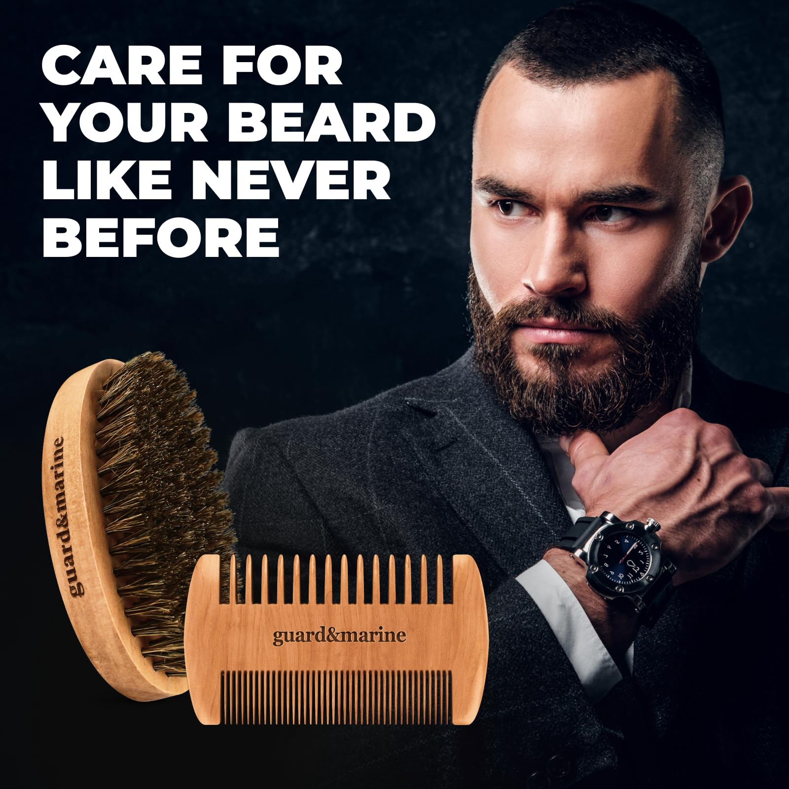 GUARD&MARINE Juego de cepillo y peine para barba, cepillo de madera de cerdas de jabalí naturales y kit de peine de madera de haya para el cuidado y modelado de barba y bigote de hombres (marrón)
