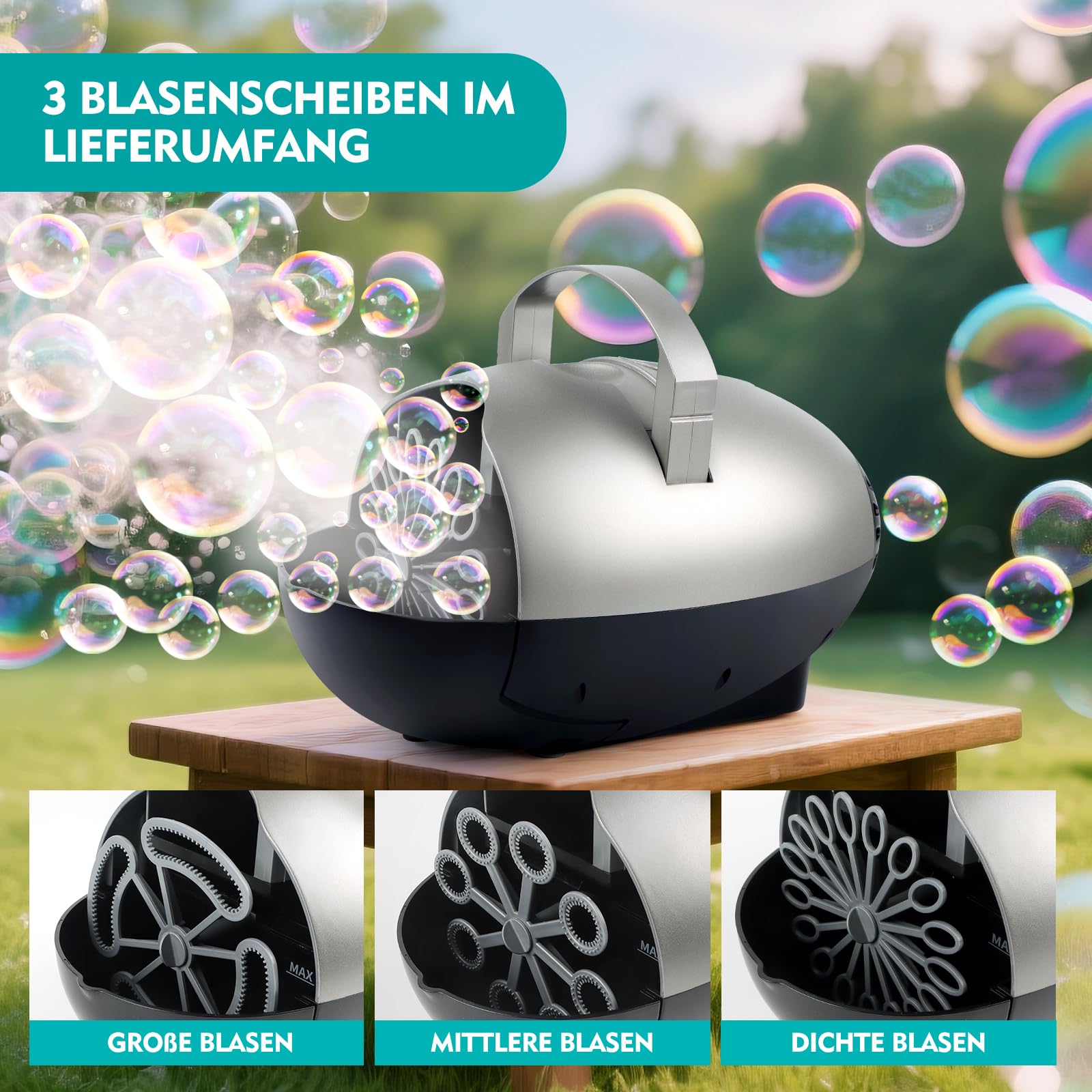 Máquina de pompas de jabón – 20.000+ pompas/min, USB C/batería, 350 ml, 3 tamaños de burbujas, 2 velocidades, portátil con mango extensible
