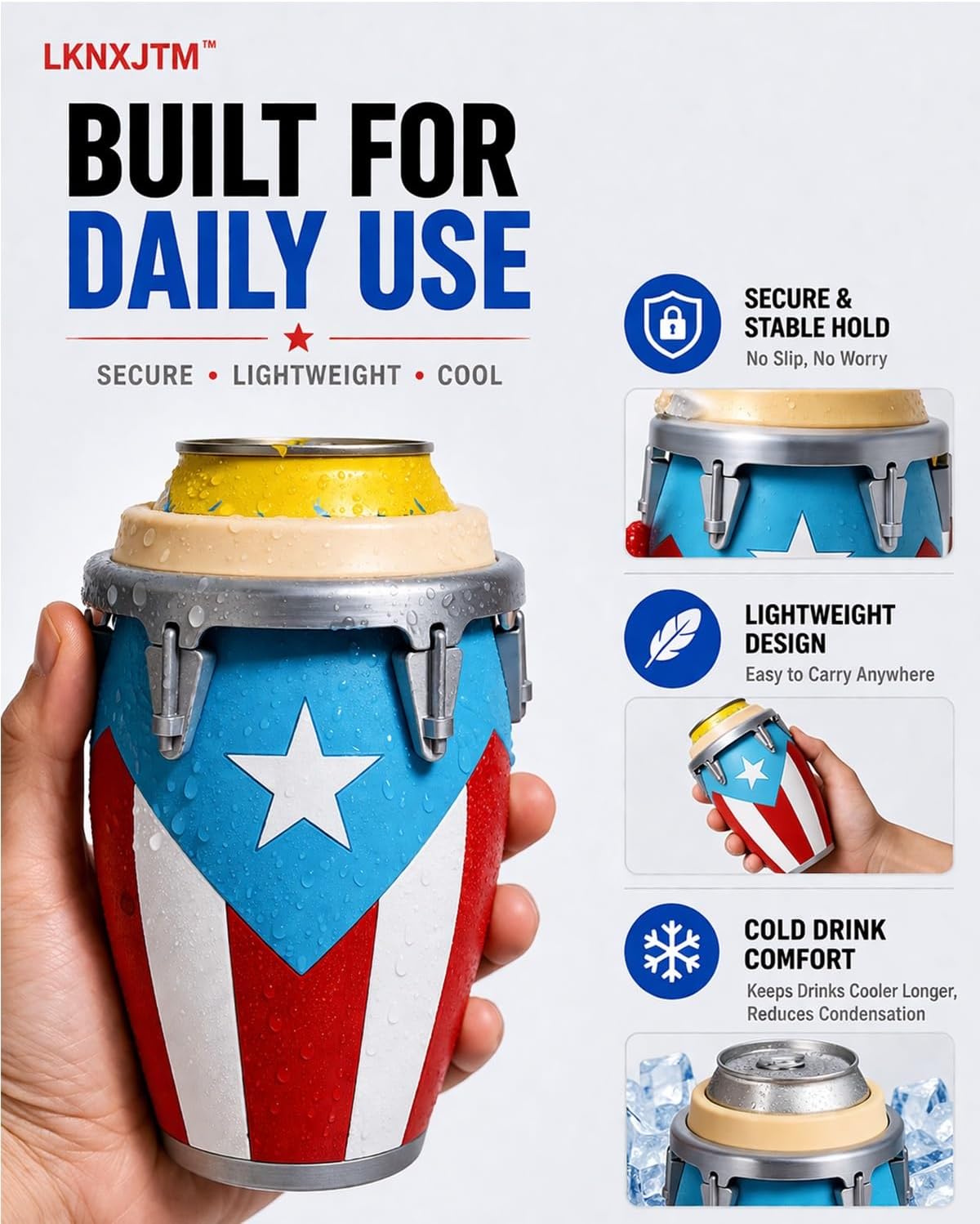 Conga-Style Can Holder Celebrate Caribbean Pride, One Sip at a Time, Puerto Rican Flag 3D Printed Drum Shaped Insulated, fun 12oz beer Beverage Design Gift for Parties BBQ Beach Use(#A-2PCS)