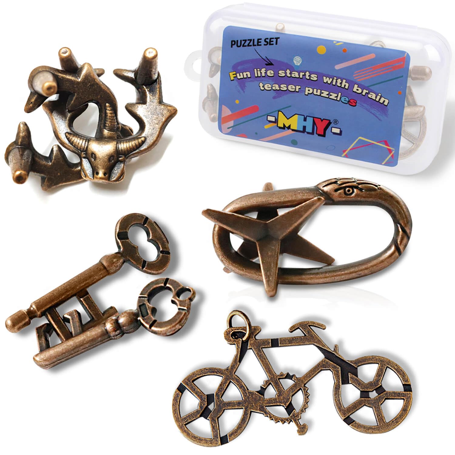 MHY Jumbo Metal Brain Teaser Puzzles for Adults - 4 Pack Challenging 3D Mind Games | with Portable Case | IQ Logic Toys & Gift for Teens