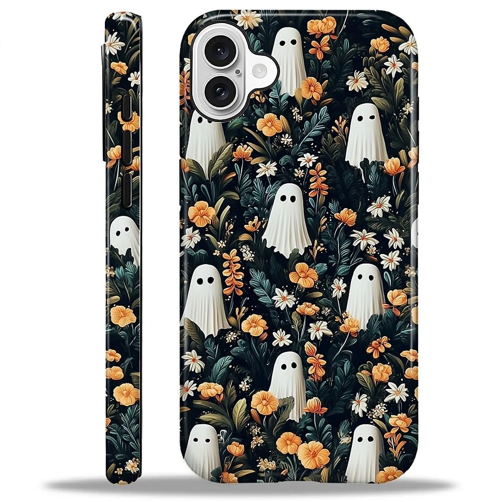 for iPhone 16 Case for Women Girl Men Boy, Compatible with MagSafe, Shockproof Soft Silicone & Hard PC Shell Protective Case for iPhone 16 - Spooky Halloween Flower Ghost Spooky Halloween Flower Ghost IPhone 16
