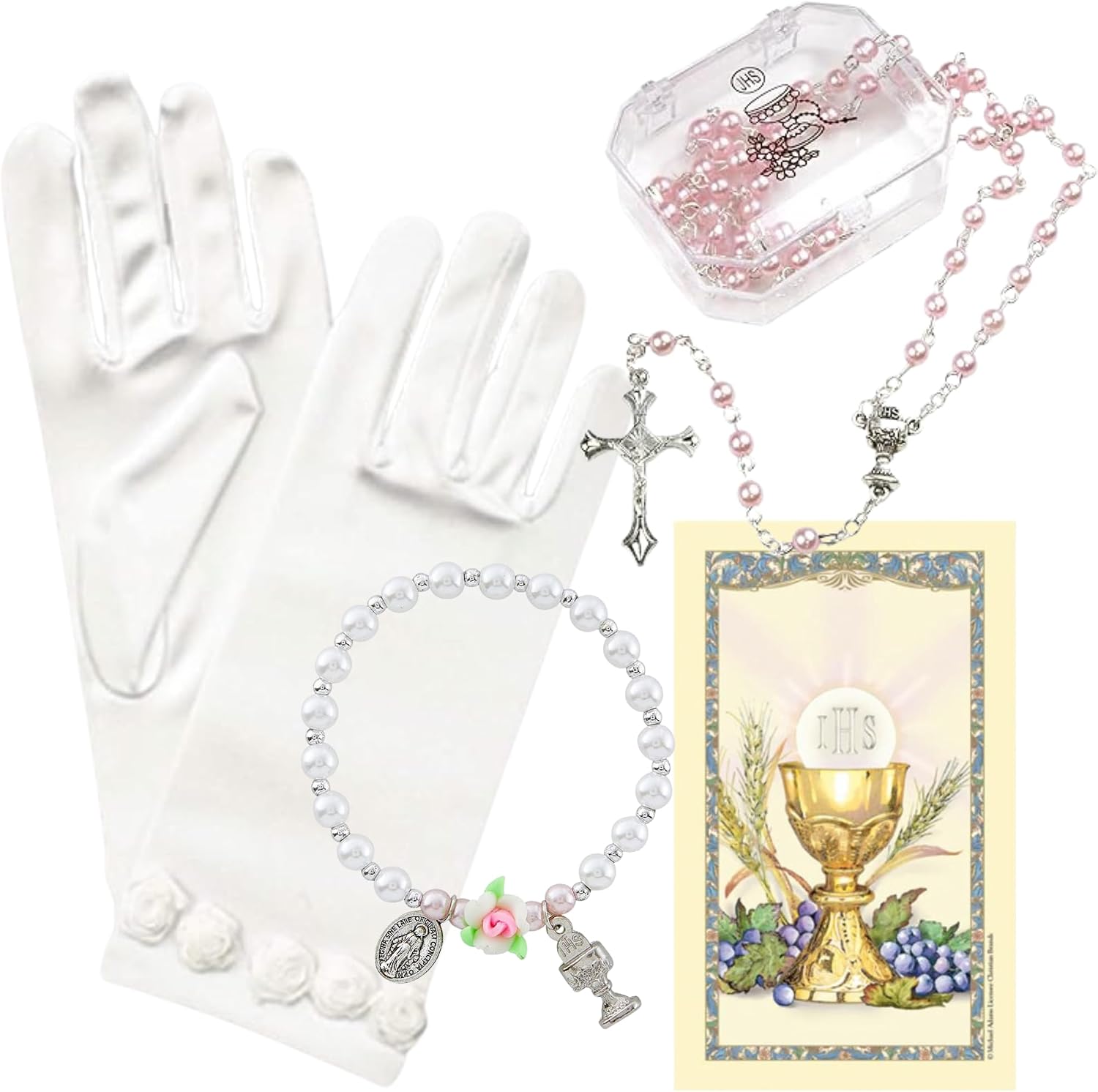 Needzo First Communion Gift for Girls, Religious Sacrament Set with White Gloves, Pink Rosary and Keepsake Box, Bracelet and Holy Prayer Card, 4 Total Items