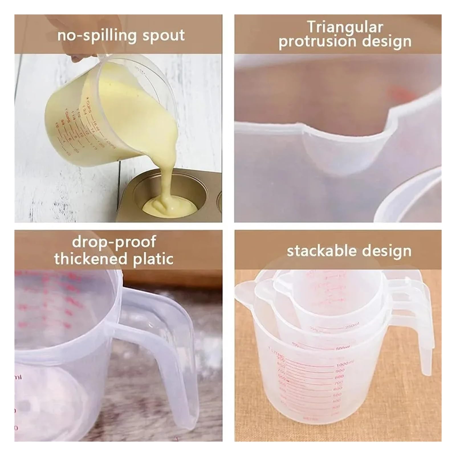Jarra medidora 3 piezas de 0,25 l,5 y 1 plástico con boquilla for verter, taza medidora transparente, báscula for hornear for el hogar, herramienta cocina(500ml)