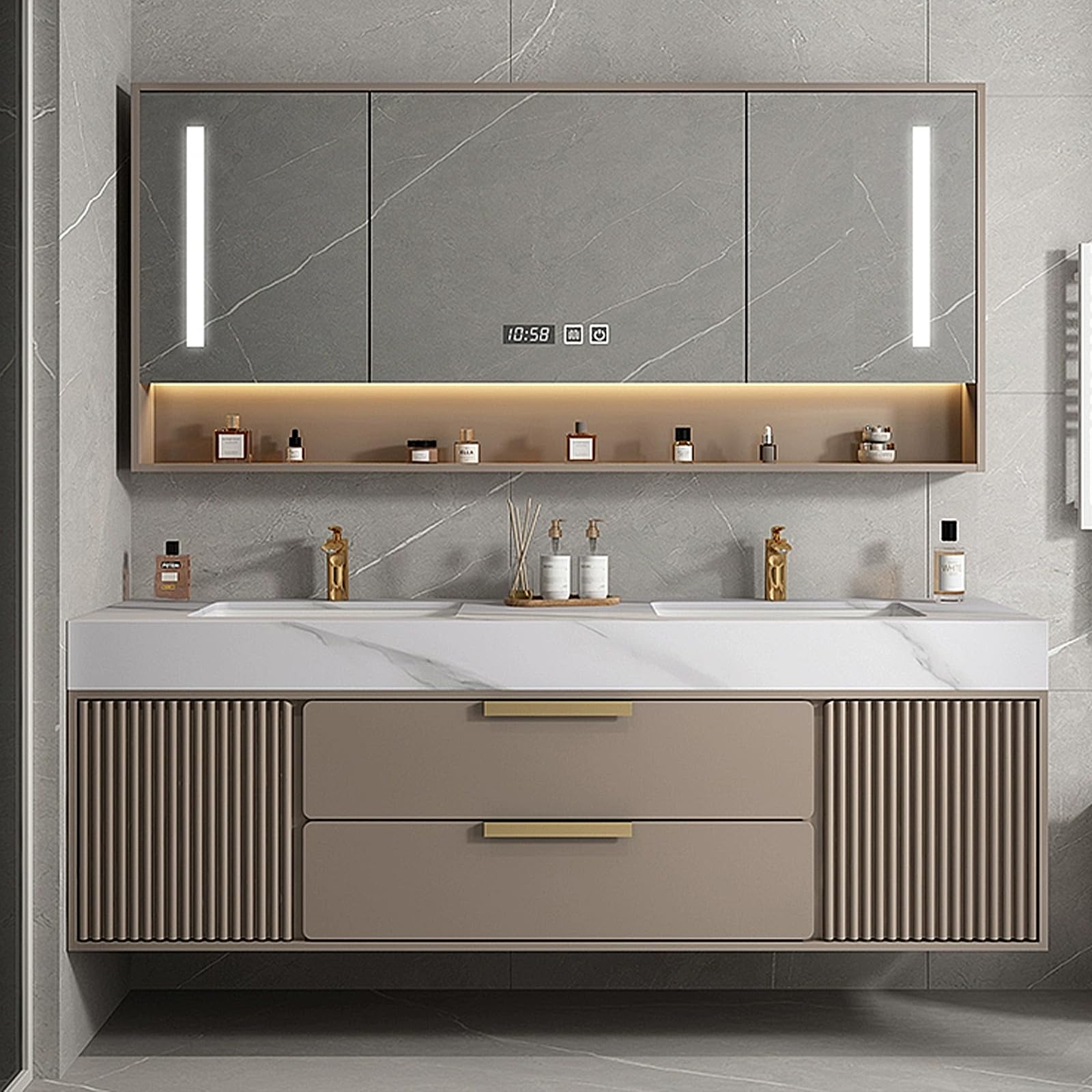 NAIROLET Double Wood Bathroom Vanity - Smart Defog Mirror Cabinet | Rock Plate Countertop & Metal Handles, Wall-Mounted Bathroom Cabinet with Sink (84