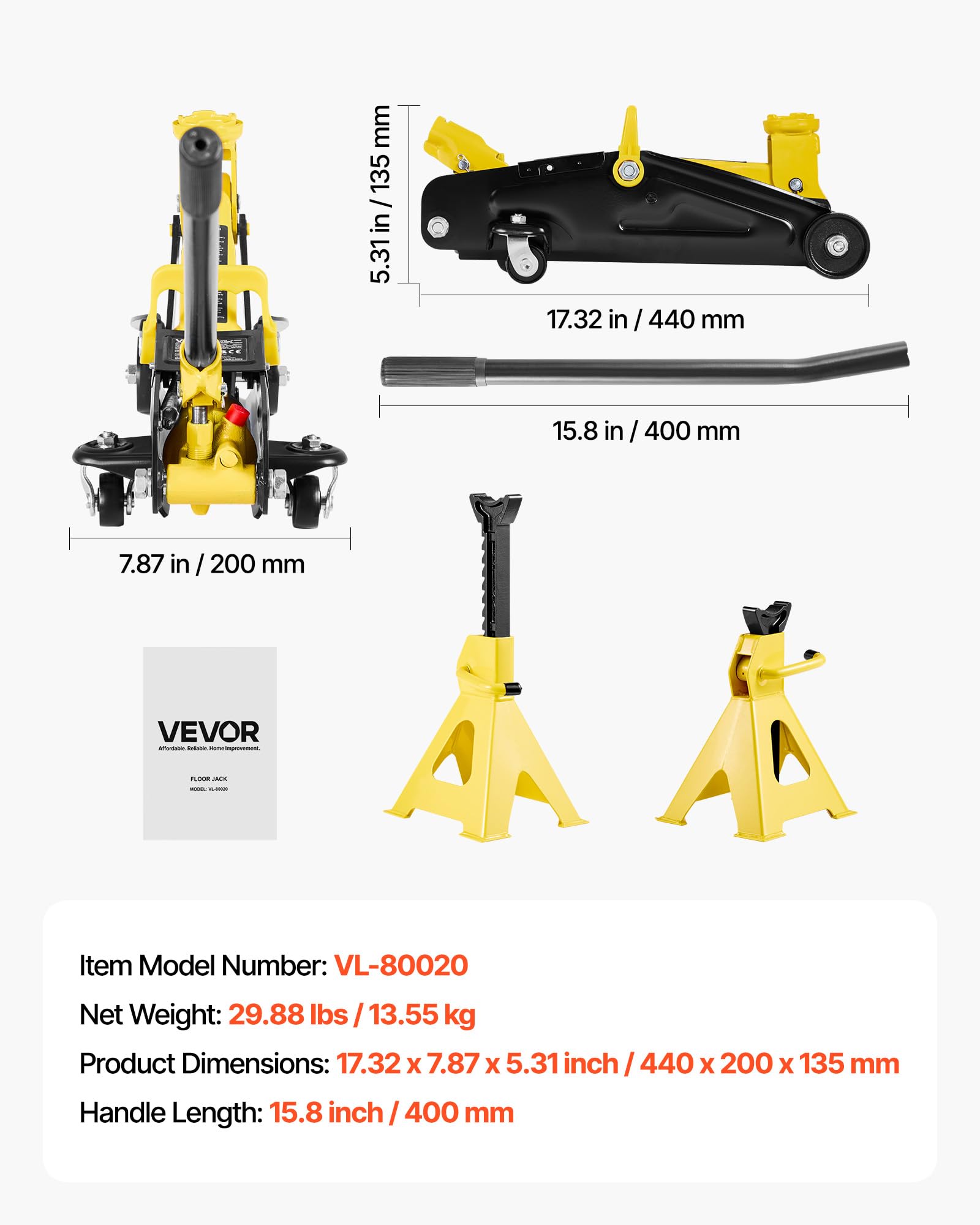 VEVOR Cric Hydraulique à Profil Bas Capacité 2 T, Cric Rouleur en Acier avec Chandelles, Plage de Levage 13-31 cm, avec Pompe de Levage Rapide à Piston Unique, pour Lever SUV, Entretien Auto