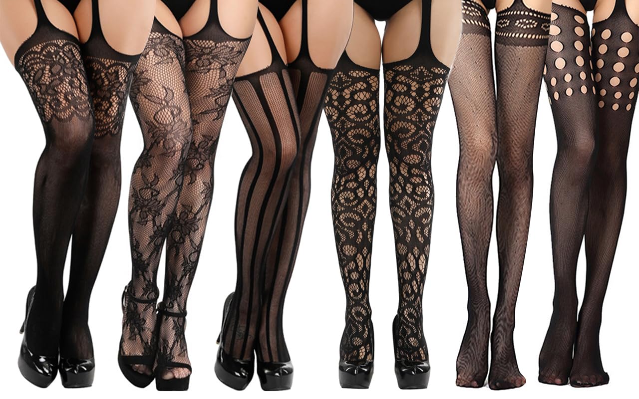 DRESHOW 6 Pack Women Fishnet Tights Suspender Pantyhose Thigh High Stockings