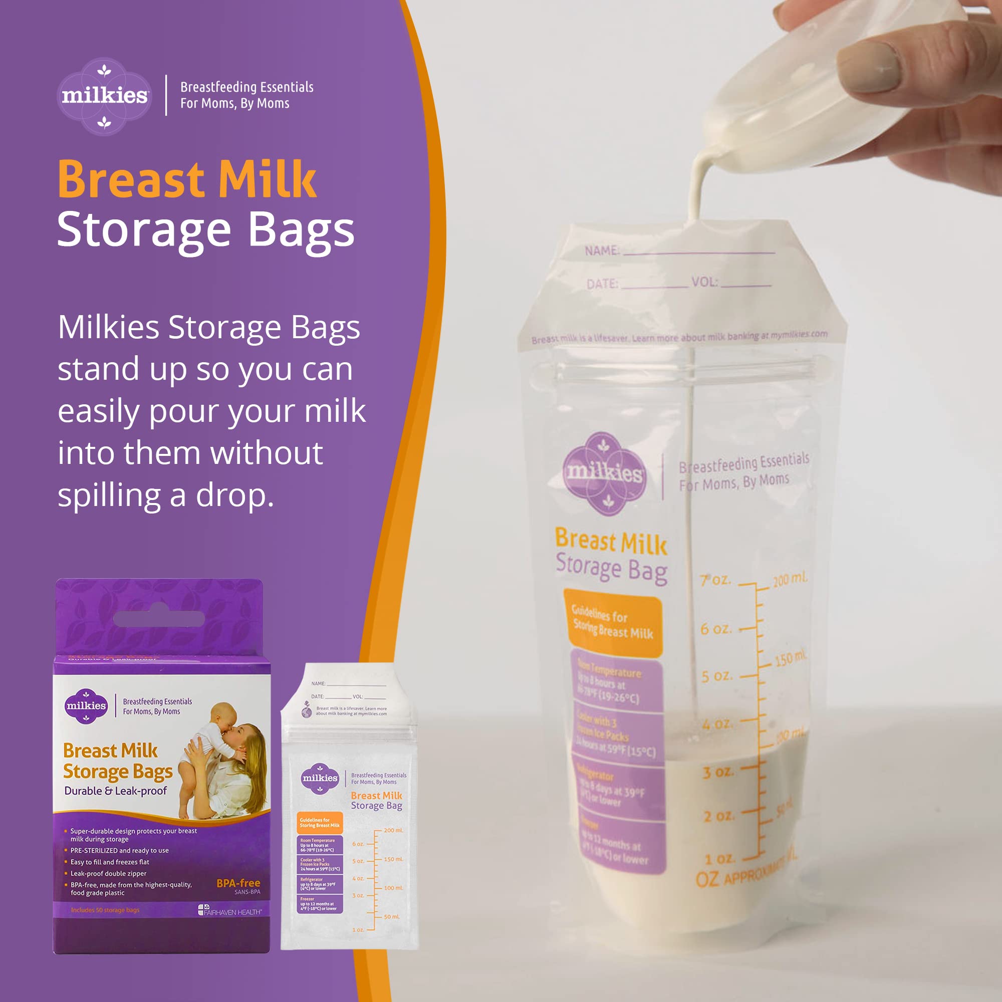 Buy Milkies NoBreak, NoLeak Breast Milk Storage Bags, 50Count, BPA