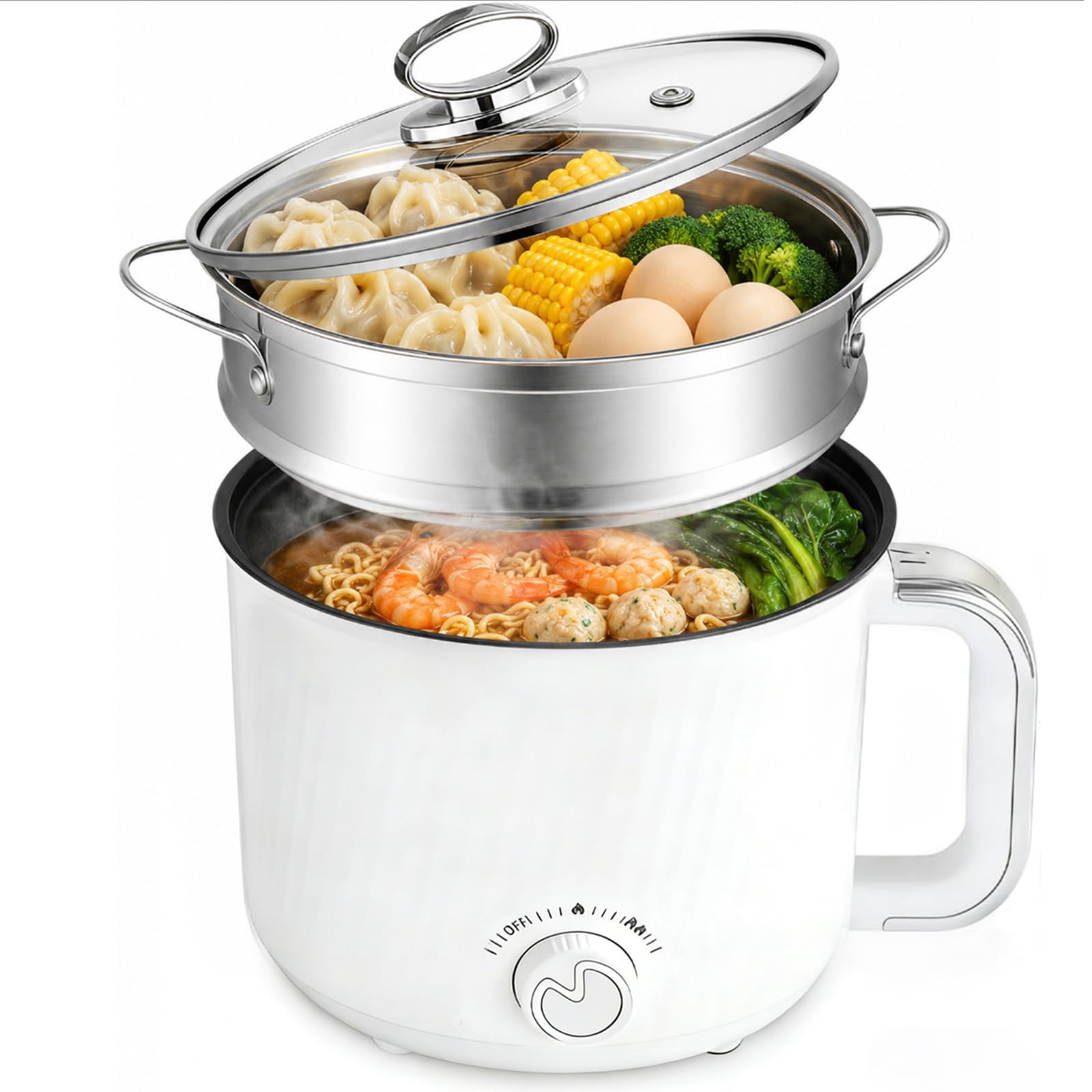 View 1 of 1.6L Nonstick Personal Electric Hot Pot with Steamer Basket & Clear Glass Lid, 300W/600W Electric Ramen Cooker for Dorms, Apartments & Offices, Noodles, Soup, Oatmeal, Pasta, Shabu-Shabu & Boiled Eggs
