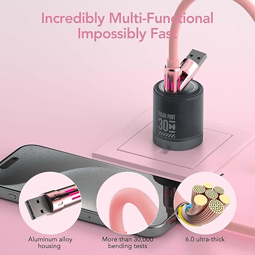 Miniatura 4 de MFish Cable de carga USB universal 4 en 1 con funda de transporte  Cable de carga rápida máximo de 240 W, USB-A, doble USB-C e iluminación, para