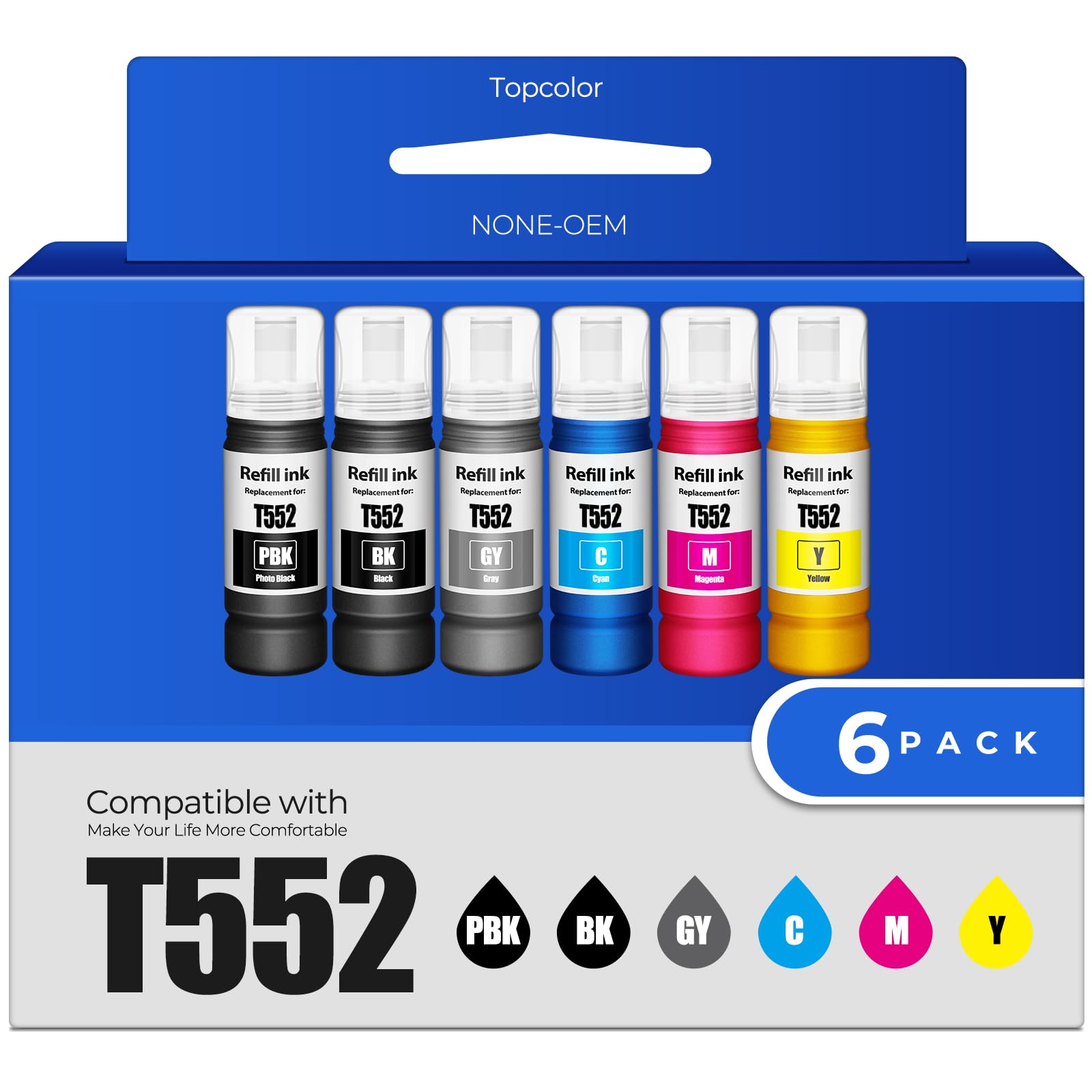 Compatible for T552 Ink Bottles 6 Pack ET-8550 ET-8500 Replacement for T552 Ink Refill Bottle Work for Photo ET 8550 ET8550 Photo ET 8500 ET8500 8550 8500 Printers (BK PB C M Y GY)