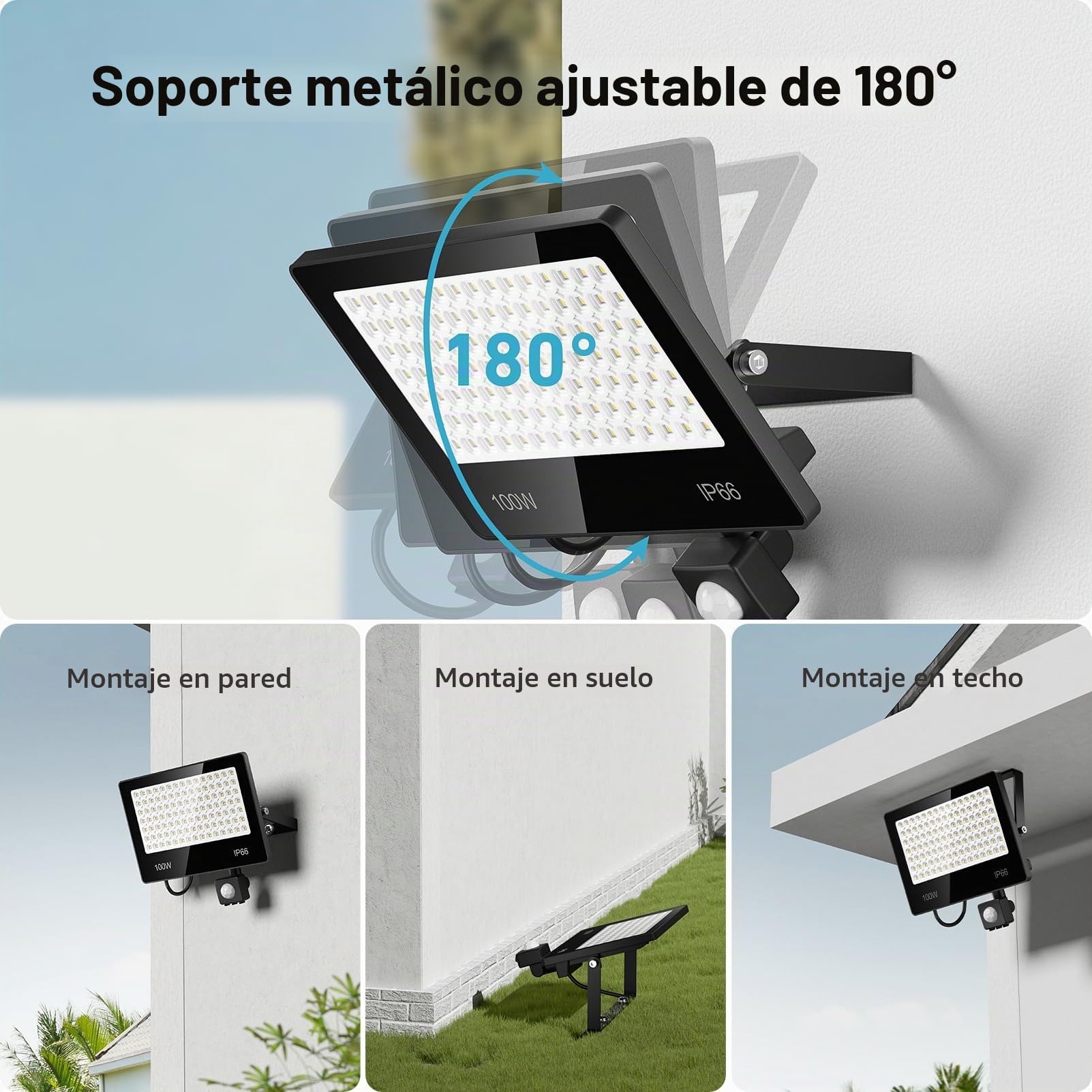 Foco LED con Sensor De Movimiento 100W - 2 Piezas 10000LM 6500K Blanco Focos LED Exterior Con Sensor De Movimiento, IP66 Impermeable Proyector Exterior para Patio, Jardín, Pasarela, Garaje