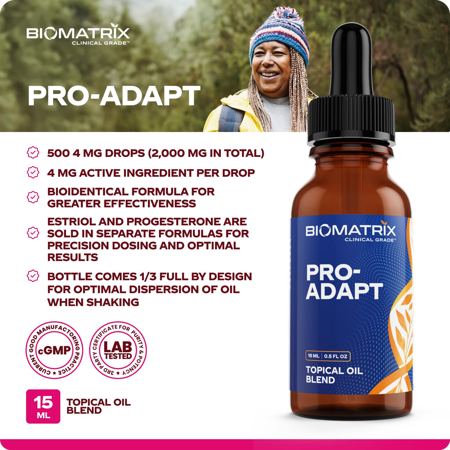 BioMatrix Progesterone, Micronized with Rice Bran Oil and Vitamin E | Bottle is 1/3 Full by Design Pro-Adapt 15 ml | 30-60 Day Supply