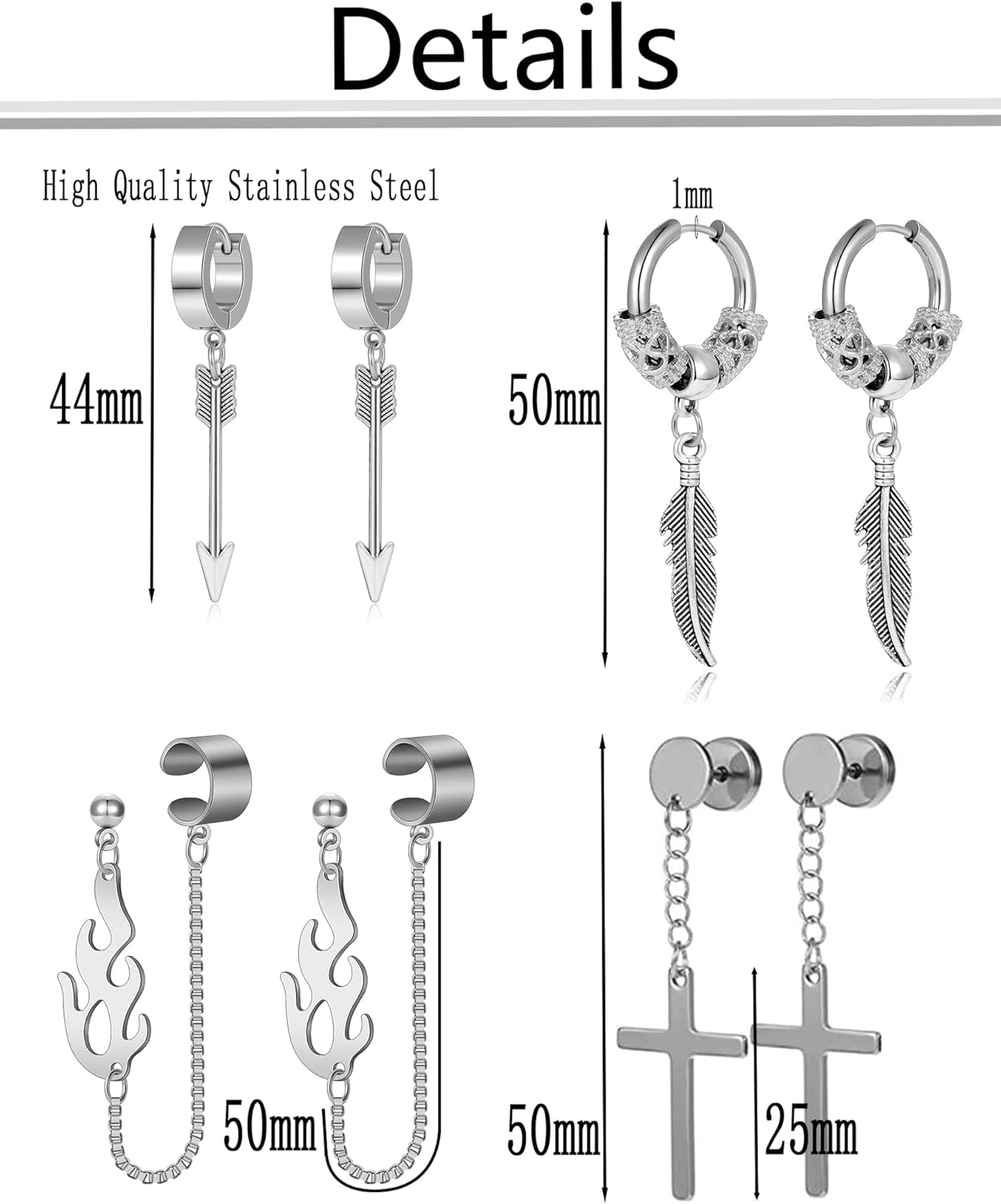 12 Pairs Stainless Steel Classic Dangle Earrings for Men Punk Gothic Long Chain Piercing Drop Earring Set Hinged Hoop Huggies Earring Jewelry Gift Silver Black Tone - Image 2