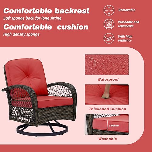 Miniatura 3 de EROMMY Juego de 3 sillas giratorias de patio para exteriores, juego de conversación de patio mecedora de 360 grados con cojines gruesos y mesa de