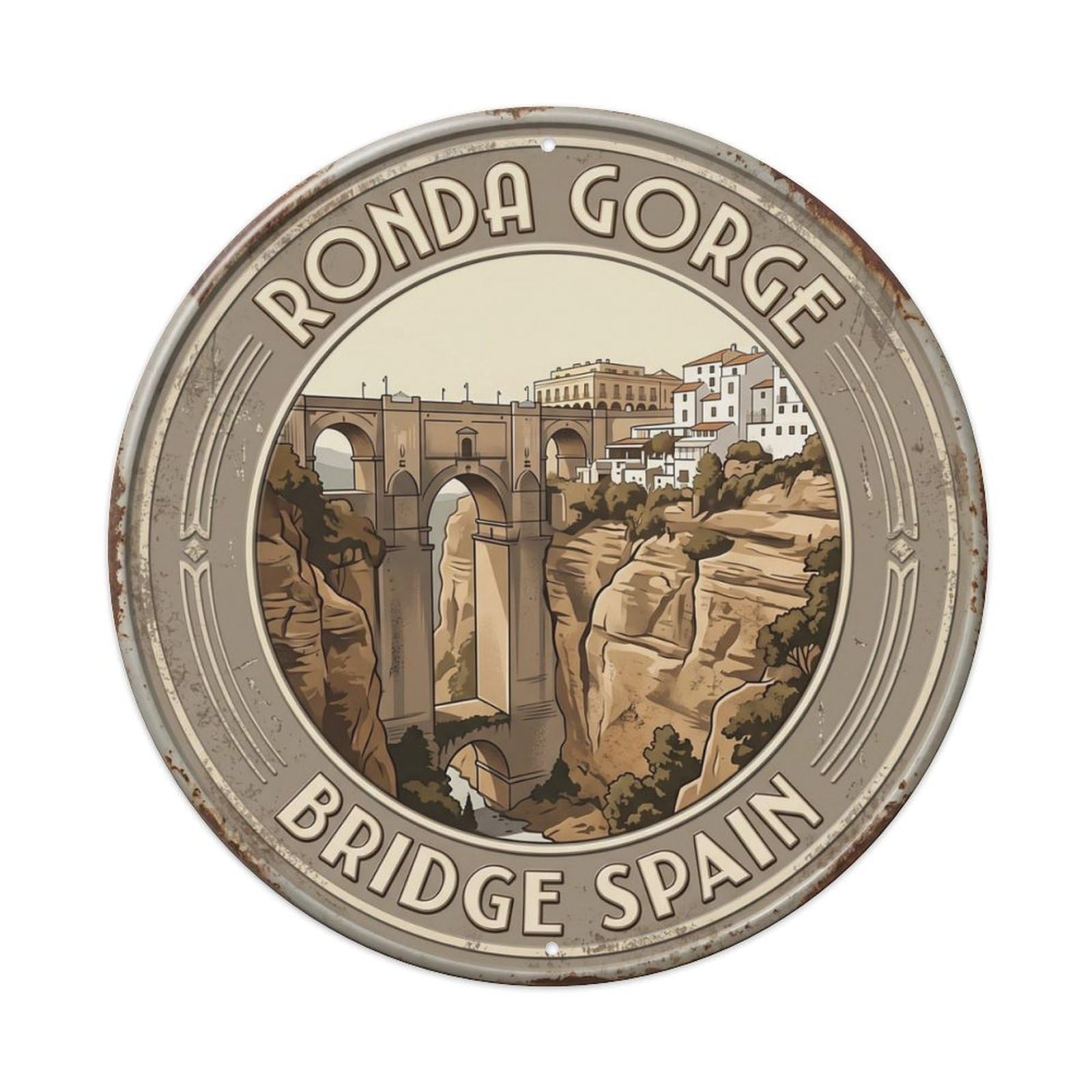 Ronda Gorge Bridge Spain Canyon Metal Tin Sign Plaque Wall Decor for Cafe, Club Bar, Office, Home Garden Round Metal Poster 8x8Inch