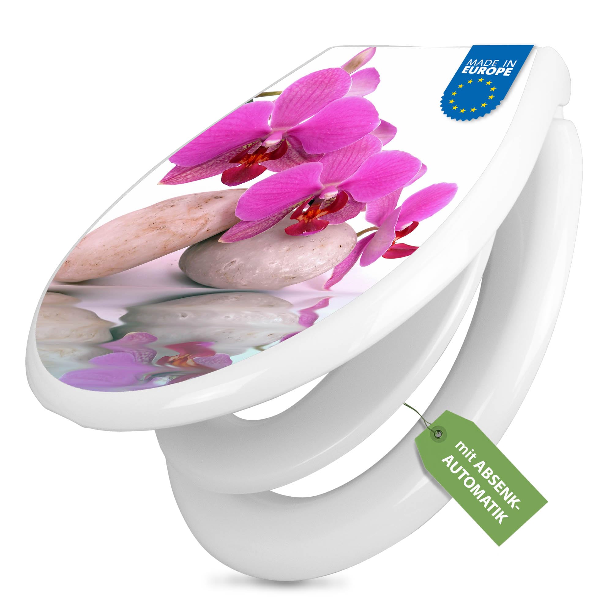 banjado Familien WC Sitz mit Absenkautomatik 44,9x37,1cm - Klobrille mit Kindersitz aus hochwertigem Polypropylen - Toilettendeckel mit Kinder Toilettensitz integriert - Motiv Orchidee