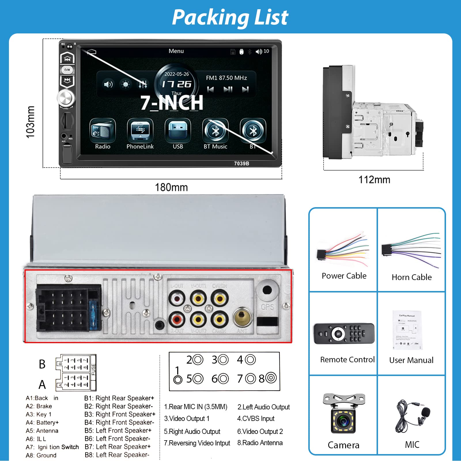 Radio Coche 1 DIN 7 Pulgadas Pantalla Táctil con CarPlay Android Auto Mirror Link, Hodozzy Pantalla 1 DIN Bluetooth 5.1, Reproductor MP5 Coche Estéreo 1 DIN USB/TF/Aux, Radio FM, EQ, Cámara | Hodozzy Pantalla 1 Din Bluetooth 5.1, Reproductor MP5 Coche Est