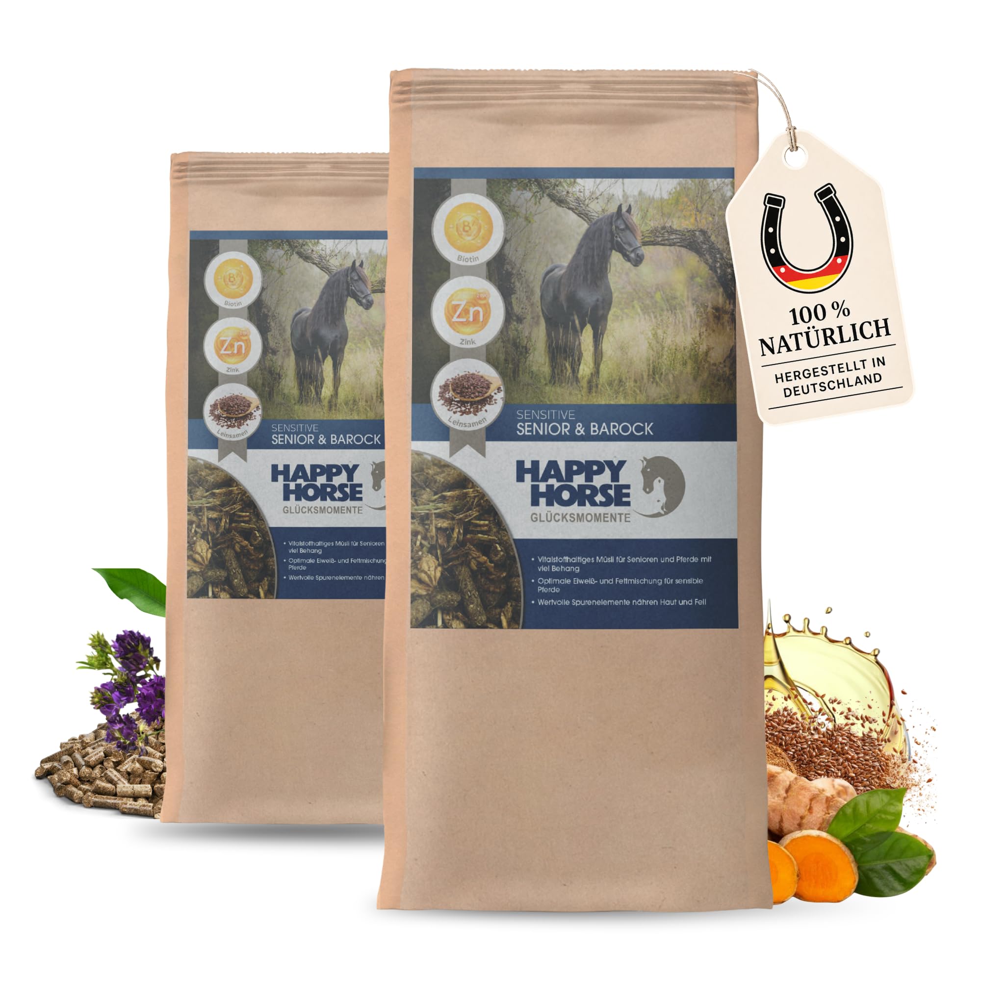 HAPPY HORSE Superfood Senior & Barock Pferdefutter | 2 x 14 kg | Für ältere & barocke Pferde | Mit natürlichen Kräutern, Leinsamen & bioaktiven Mikronährstoffen | Hochverdaulich & darmfreundlich