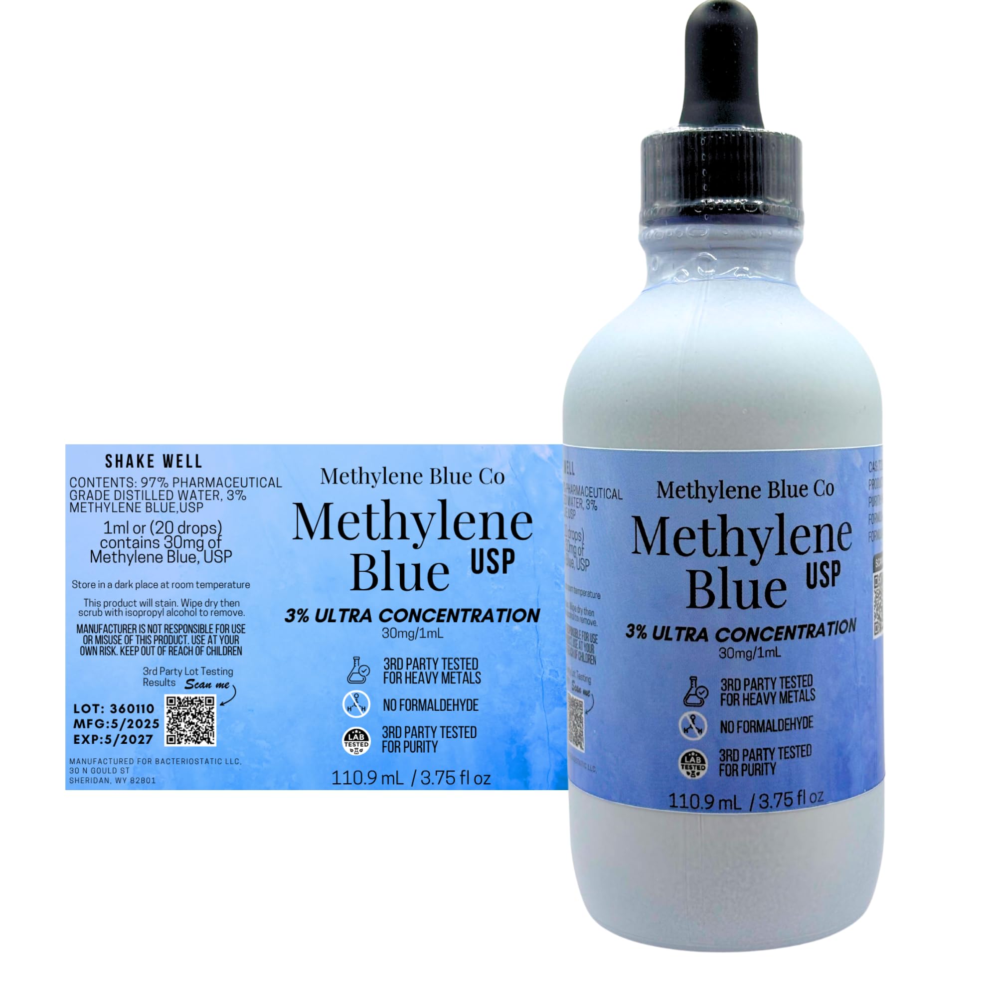 Methylene Blue USP 3% (3.75 mL) – USA Product. Glass Bottle with Dropper. Free of Heavy Metals and Formaldehyde Pharmaceutical Grade