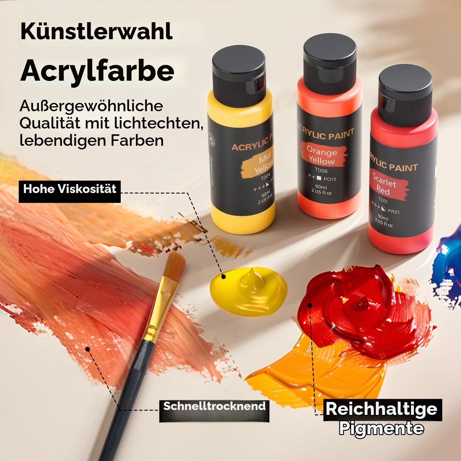Acrylfarben Set, 24 Farben x 60 ml + 12 Pinsel, Acrylic Paint Set, Künstlerbedarf für Leinwand, Holz, Keramik, Stoffe, ungiftige Reiche Pigmente Acrylfarbe für Anfänger, Studenten, Profis, Künstler