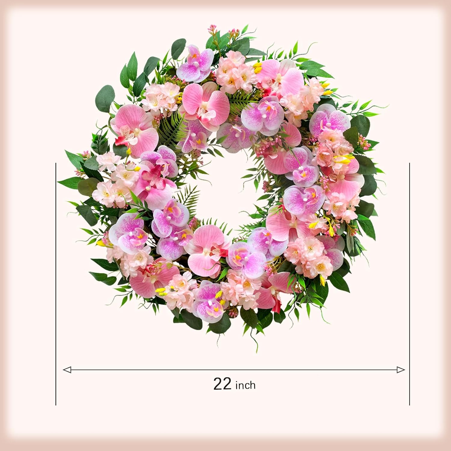 22 Inch Spring Summer Wreaths for Front Door,Artificial Floral Decoration Wreath with Pink Phalaenopsis Hydrangea Leaves for Home Wall Window Easter Wedding Valentine Party Indoor Outdoor Decor